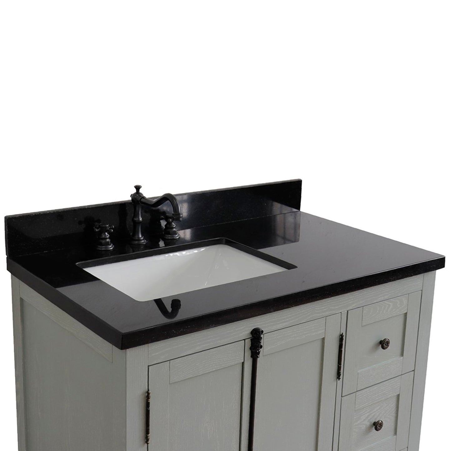 37" Single vanity in Gray Ash finish with Black galaxy top and rectangle sink Left doors/Left sink