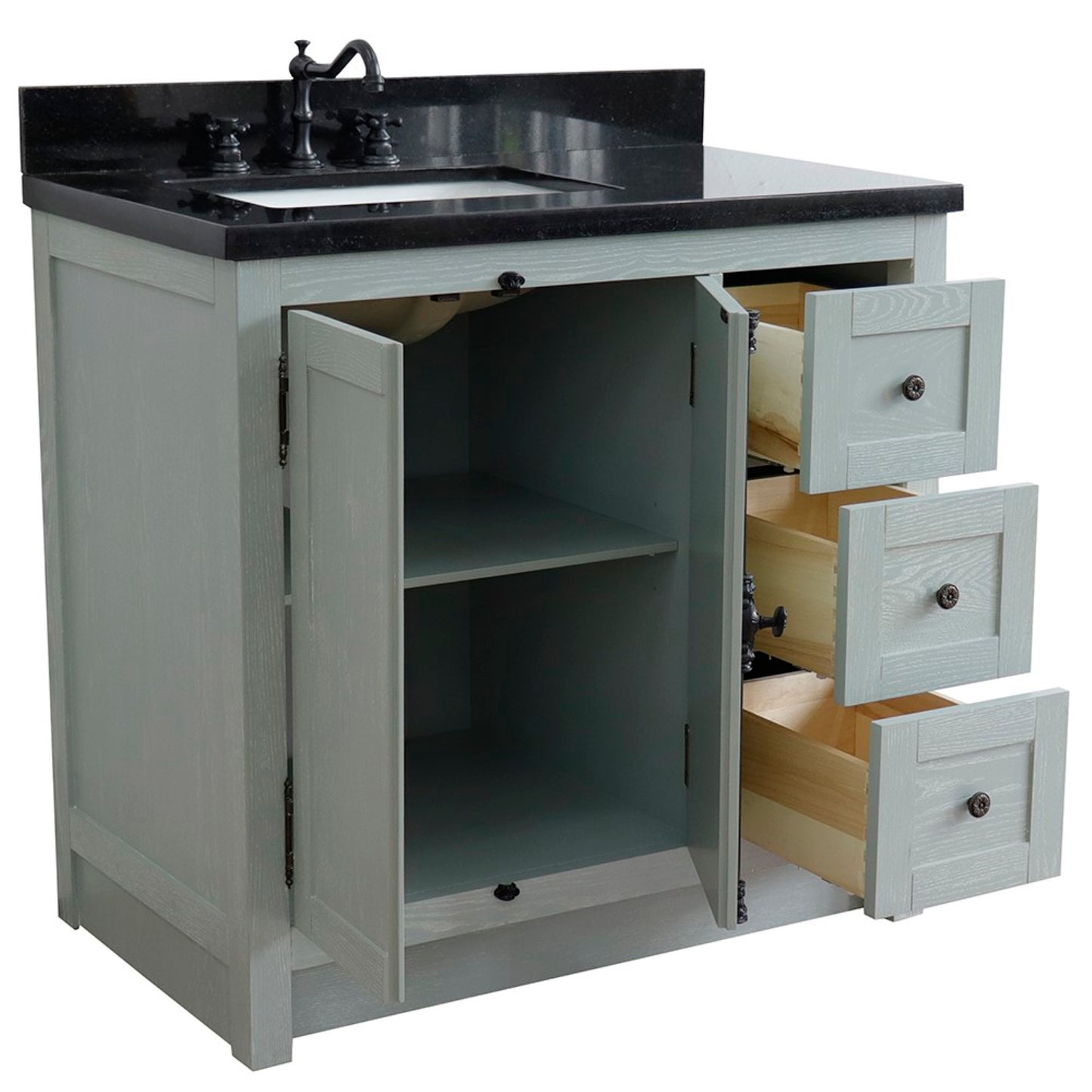 37" Single vanity in Gray Ash finish with Black galaxy top and rectangle sink Left doors/Left sink