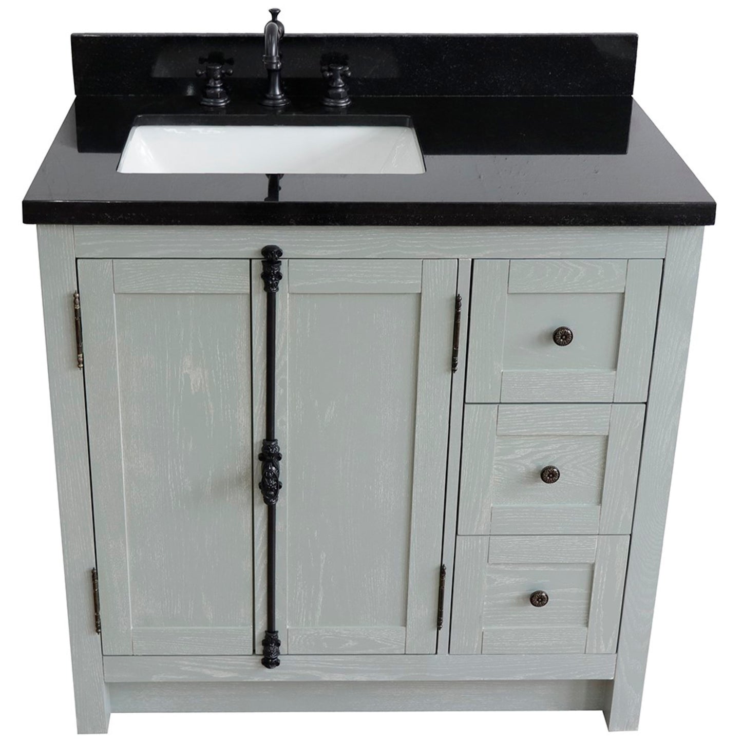 37" Single vanity in Gray Ash finish with Black galaxy top and rectangle sink Left doors/Left sink