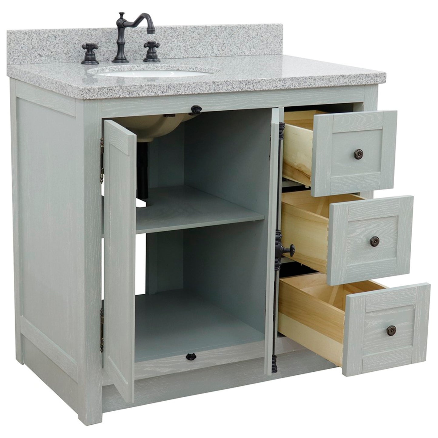 37" Single vanity in Gray Ash finish with Gray granite top and oval sink Left doors/Left sink
