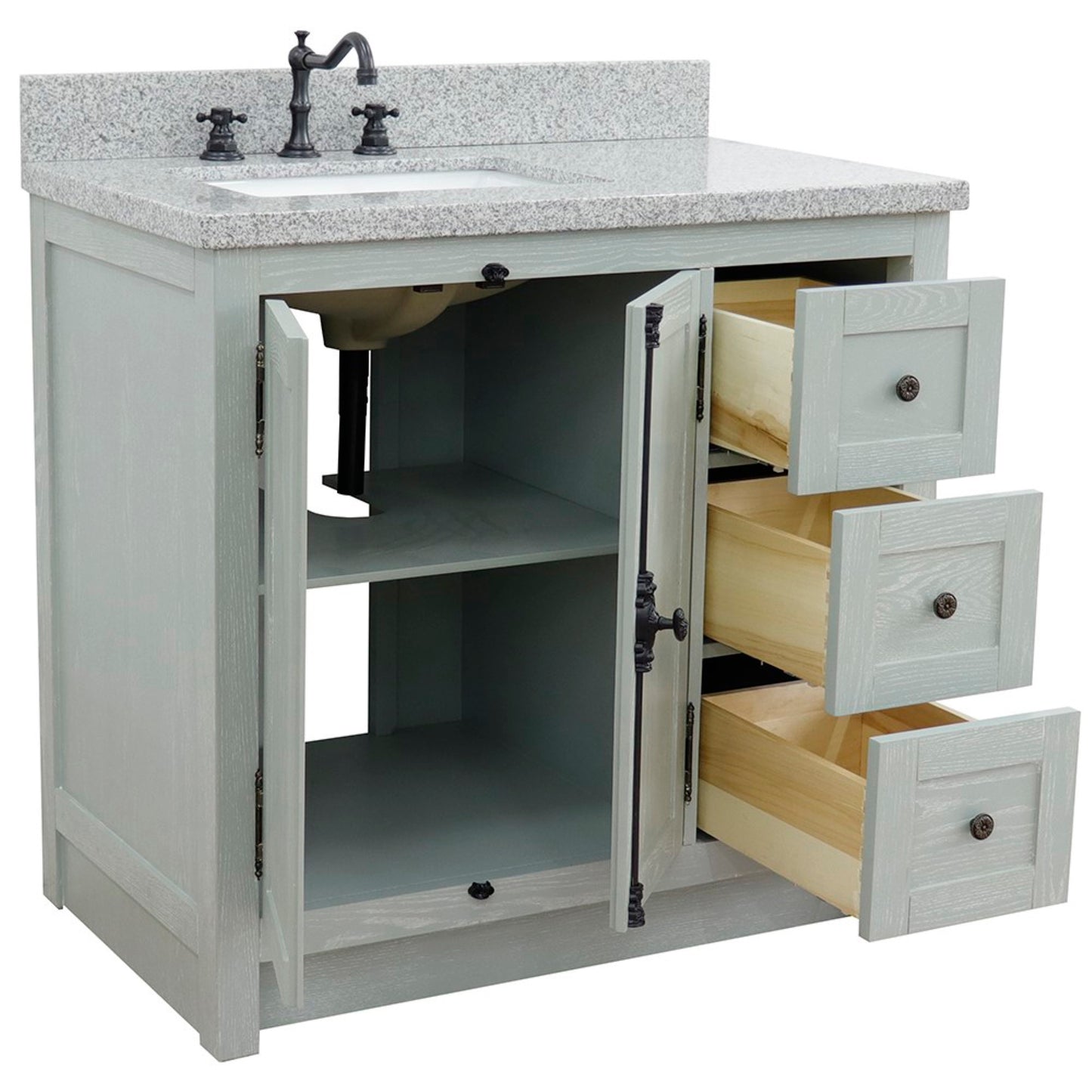 37" Single vanity in Gray Ash finish with Gray granite top and rectangle sink Left doors/Left sink
