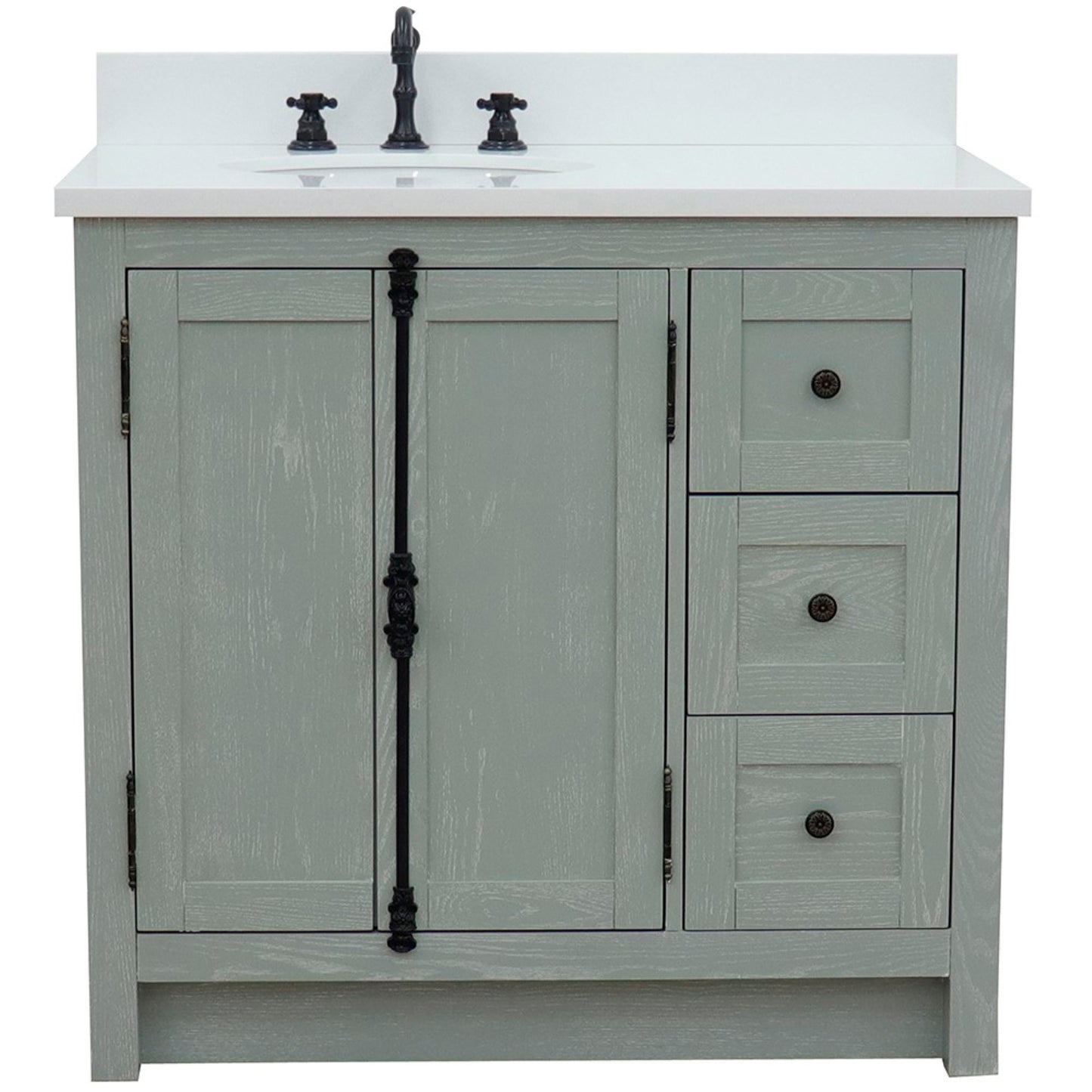 37" Single vanity in Gray Ash finish with White engineered stone top and oval sink Left doors/Left sink
