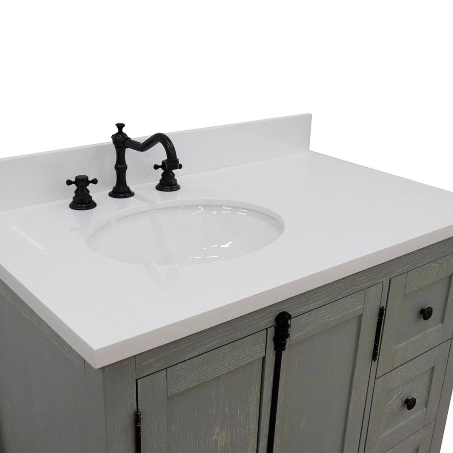 37" Single vanity in Gray Ash finish with White engineered stone top and oval sink Left doors/Left sink