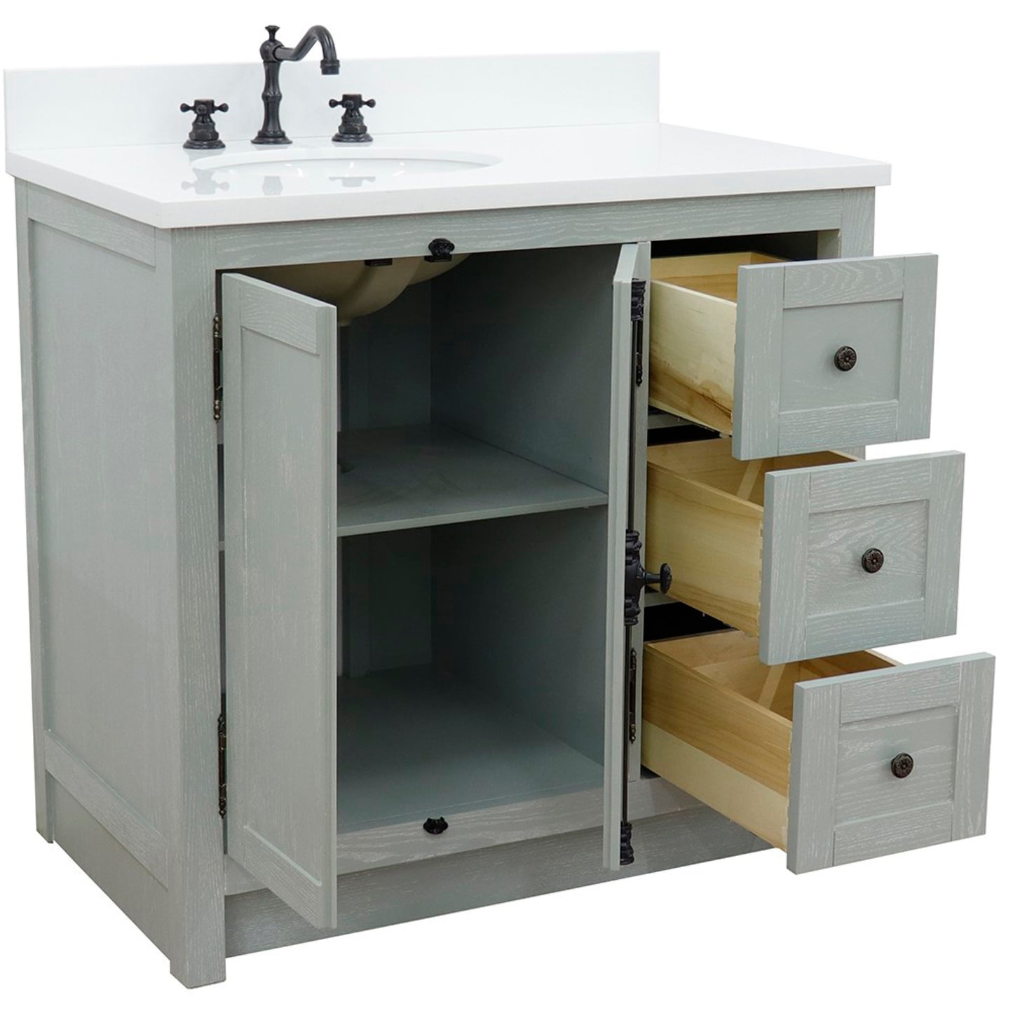37" Single vanity in Gray Ash finish with White engineered stone top and oval sink Left doors/Left sink