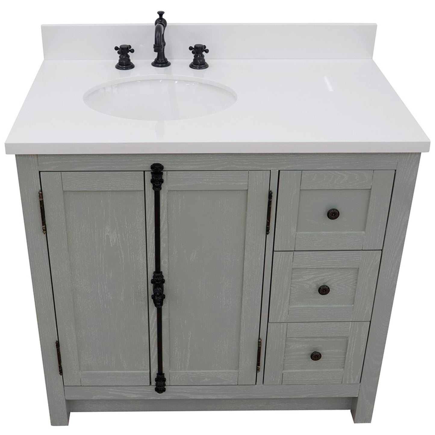 37" Single vanity in Gray Ash finish with White engineered stone top and oval sink Left doors/Left sink