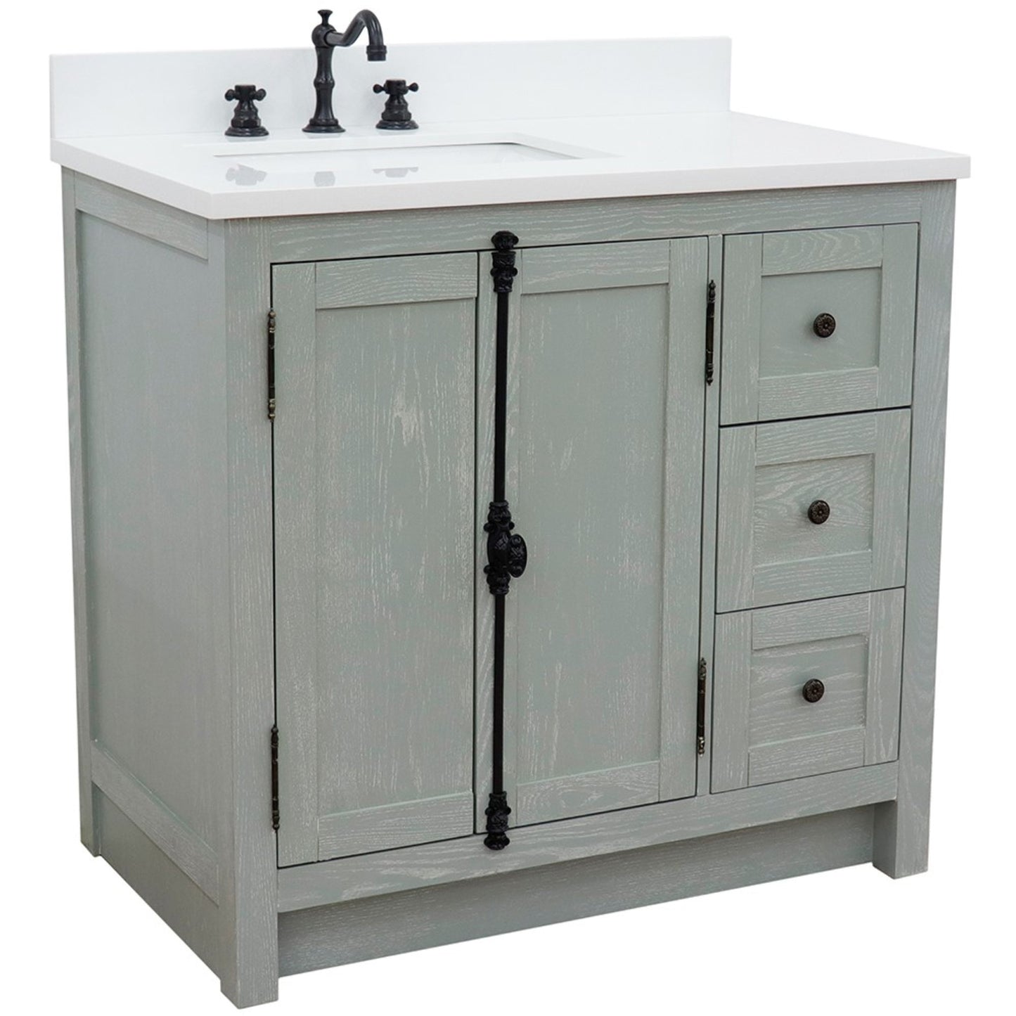 37" Single vanity in Gray Ash finish with White engineered stone top and rectangle sink Left doors/Left sink