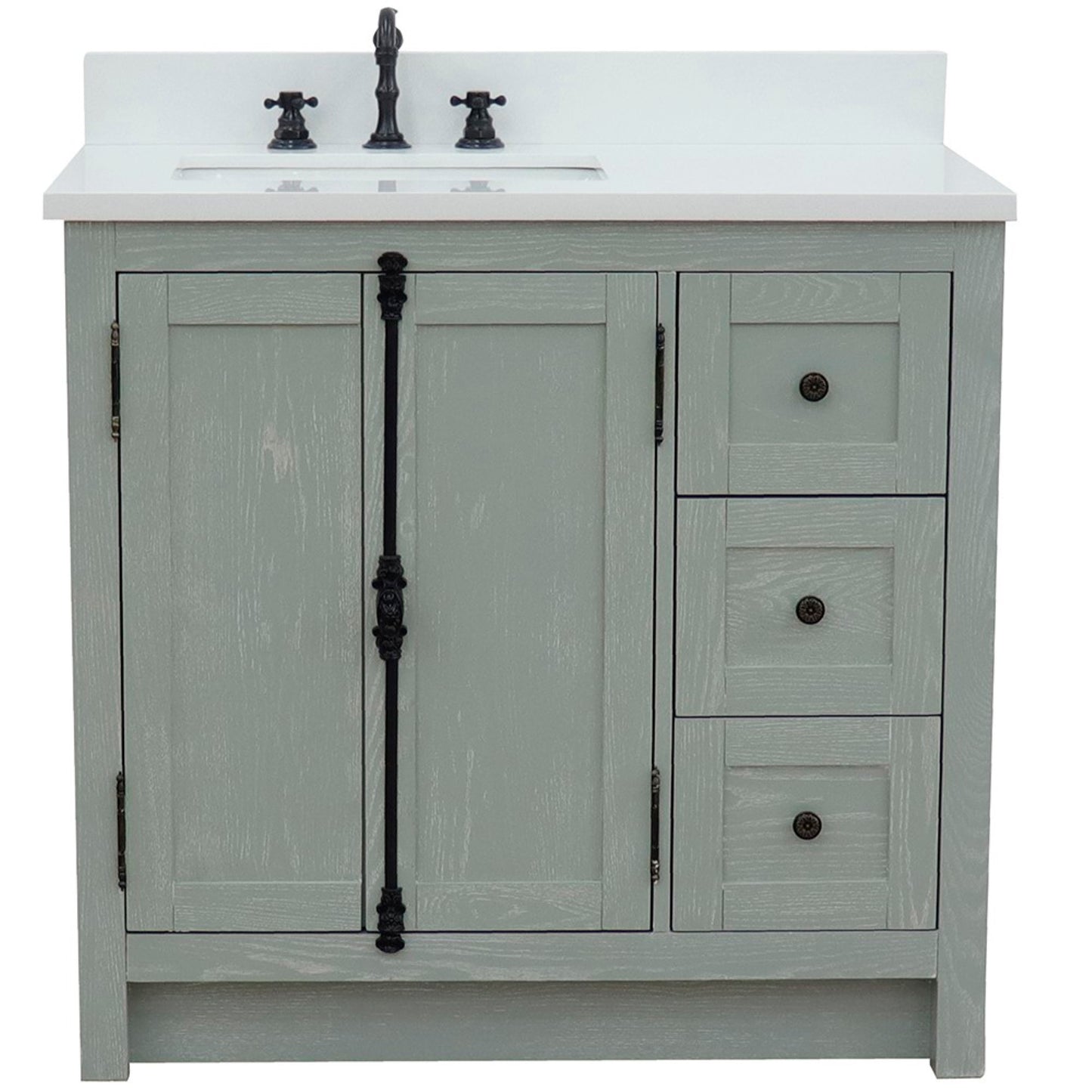 37" Single vanity in Gray Ash finish with White engineered stone top and rectangle sink Left doors/Left sink