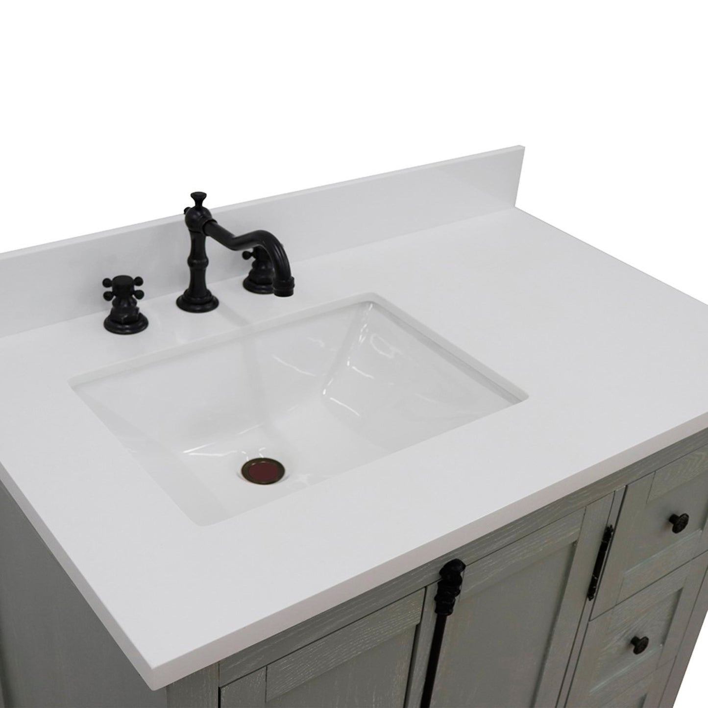 37" Single vanity in Gray Ash finish with White engineered stone top and rectangle sink Left doors/Left sink