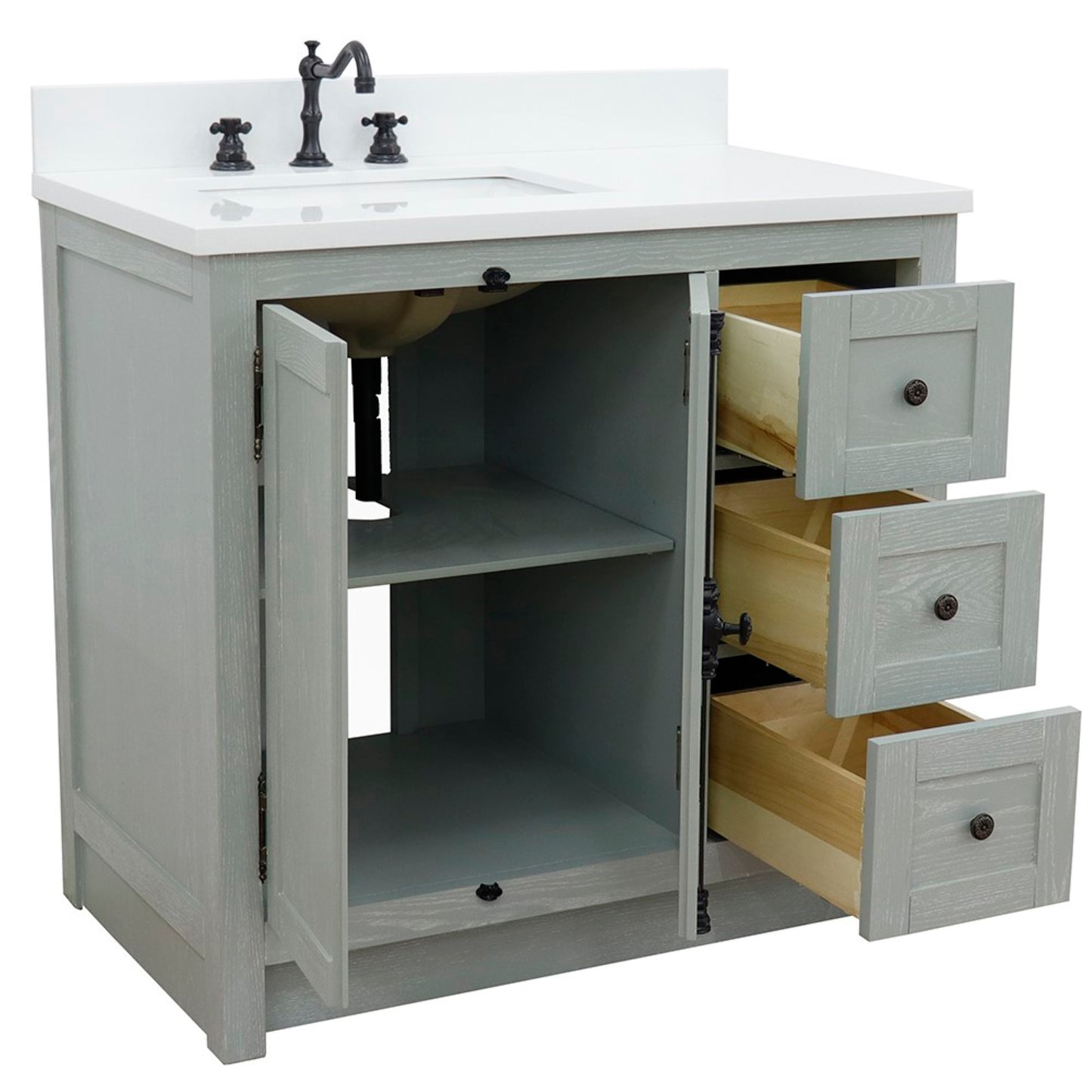 37" Single vanity in Gray Ash finish with White engineered stone top and rectangle sink Left doors/Left sink