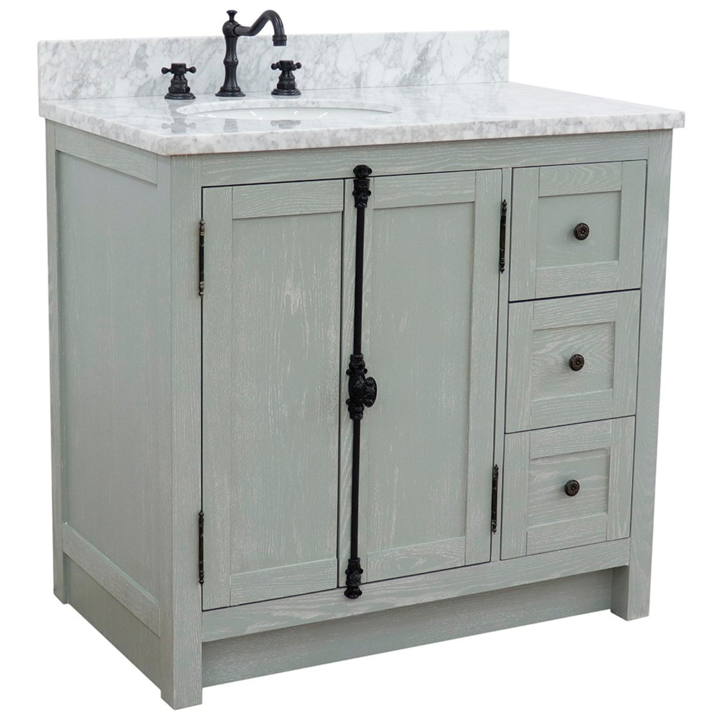 37" Single vanity in Gray Ash finish with White Carrara top and oval sink Left doors/Left sink