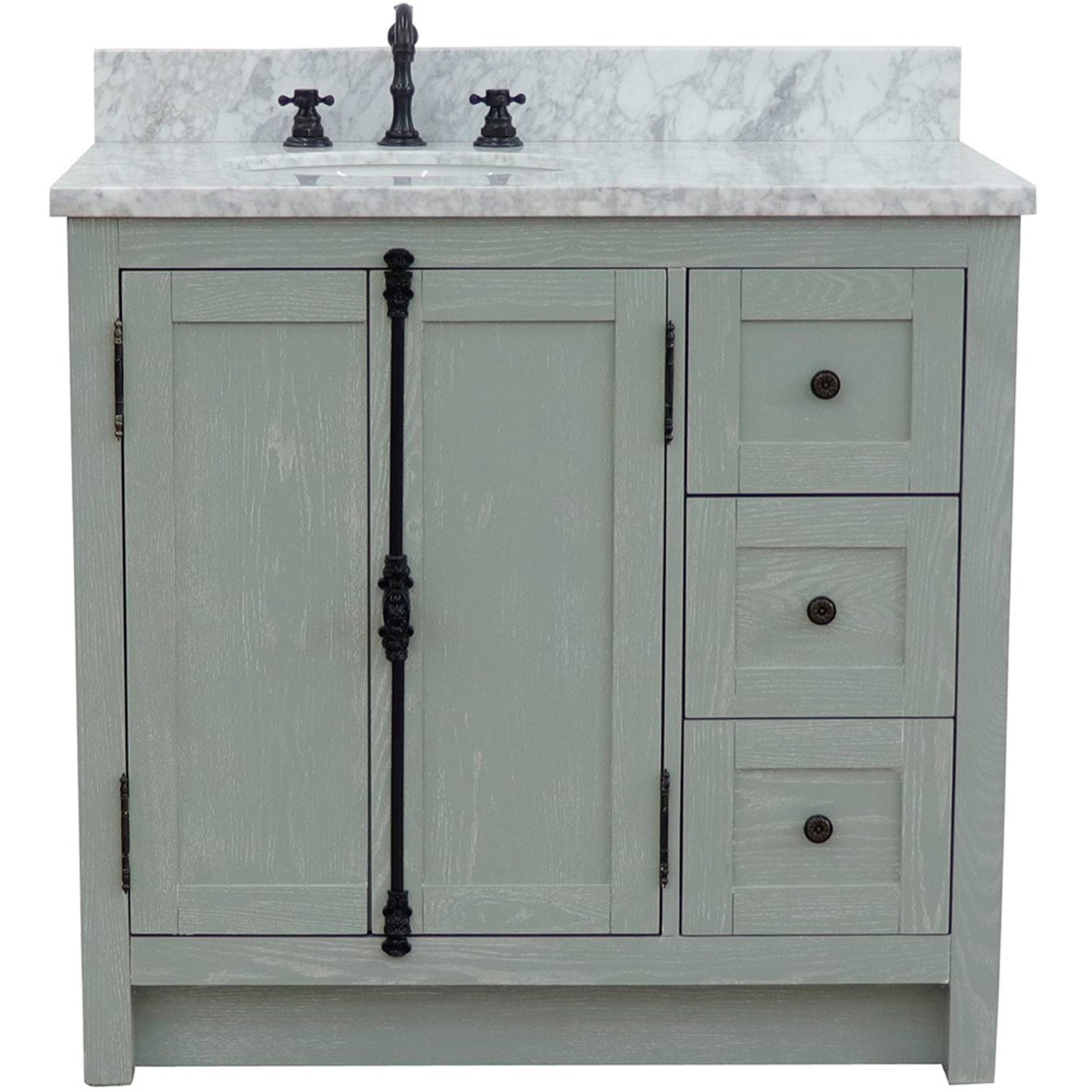 37" Single vanity in Gray Ash finish with White Carrara top and oval sink Left doors/Left sink