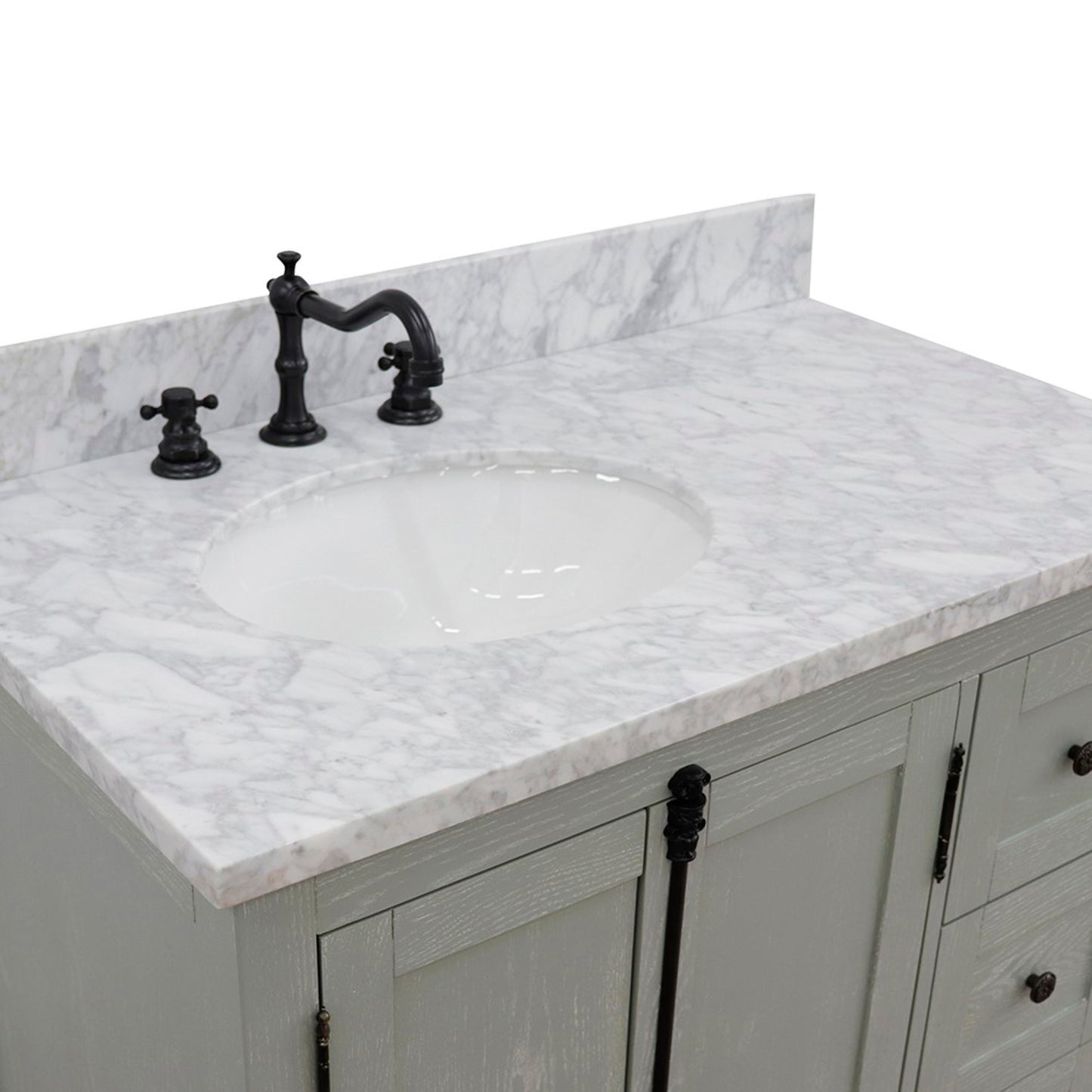 37" Single vanity in Gray Ash finish with White Carrara top and oval sink Left doors/Left sink