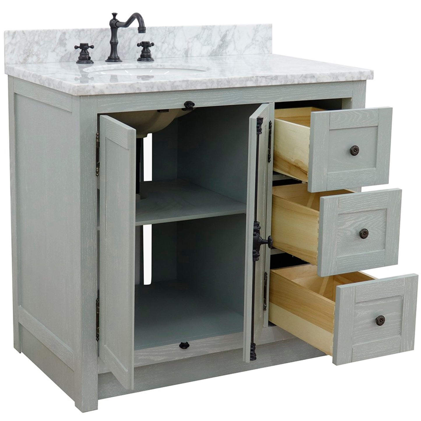 37" Single vanity in Gray Ash finish with White Carrara top and oval sink Left doors/Left sink