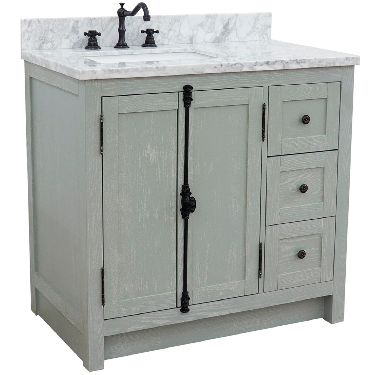 37" Single vanity in Gray Ash finish with White Carrara top and rectangle sink Left doors/Left sink
