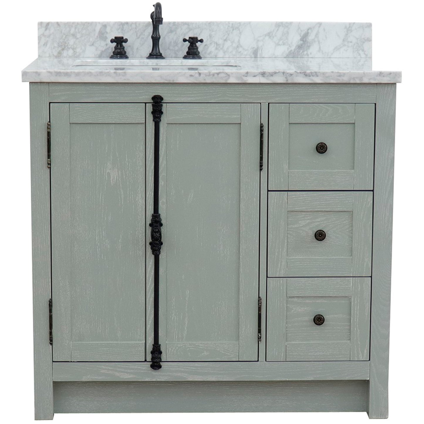 37" Single vanity in Gray Ash finish with White Carrara top and rectangle sink Left doors/Left sink