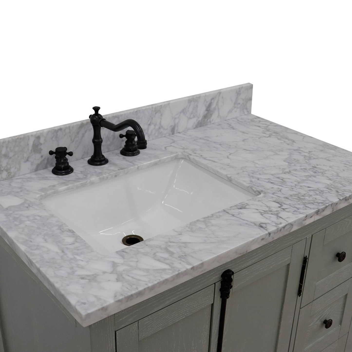 37" Single vanity in Gray Ash finish with White Carrara top and rectangle sink Left doors/Left sink