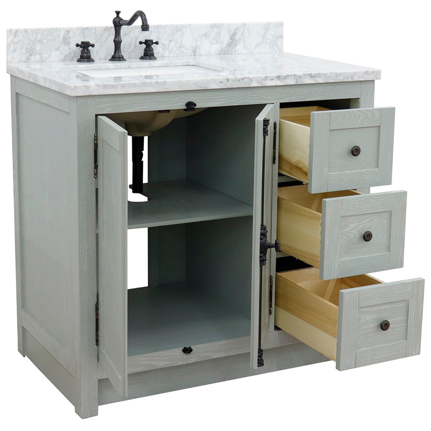37" Single vanity in Gray Ash finish with White Carrara top and rectangle sink Left doors/Left sink