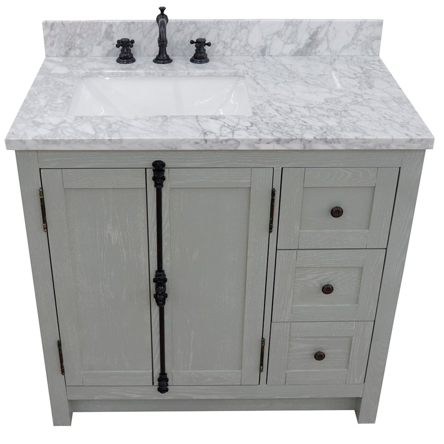37" Single vanity in Gray Ash finish with White Carrara top and rectangle sink Left doors/Left sink