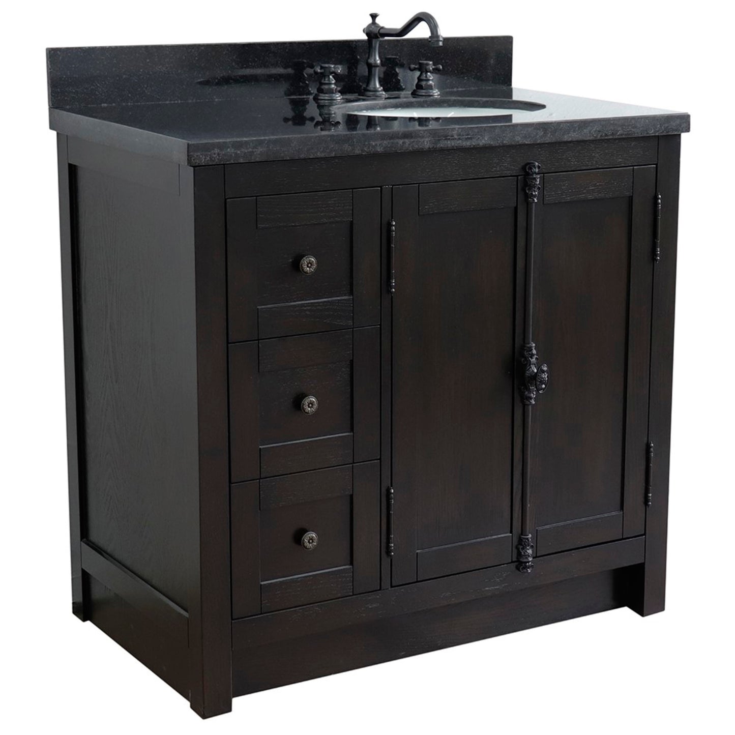37" Single vanity in Brown Ash finish with Black galaxy top and oval sink Right doors/Right sink