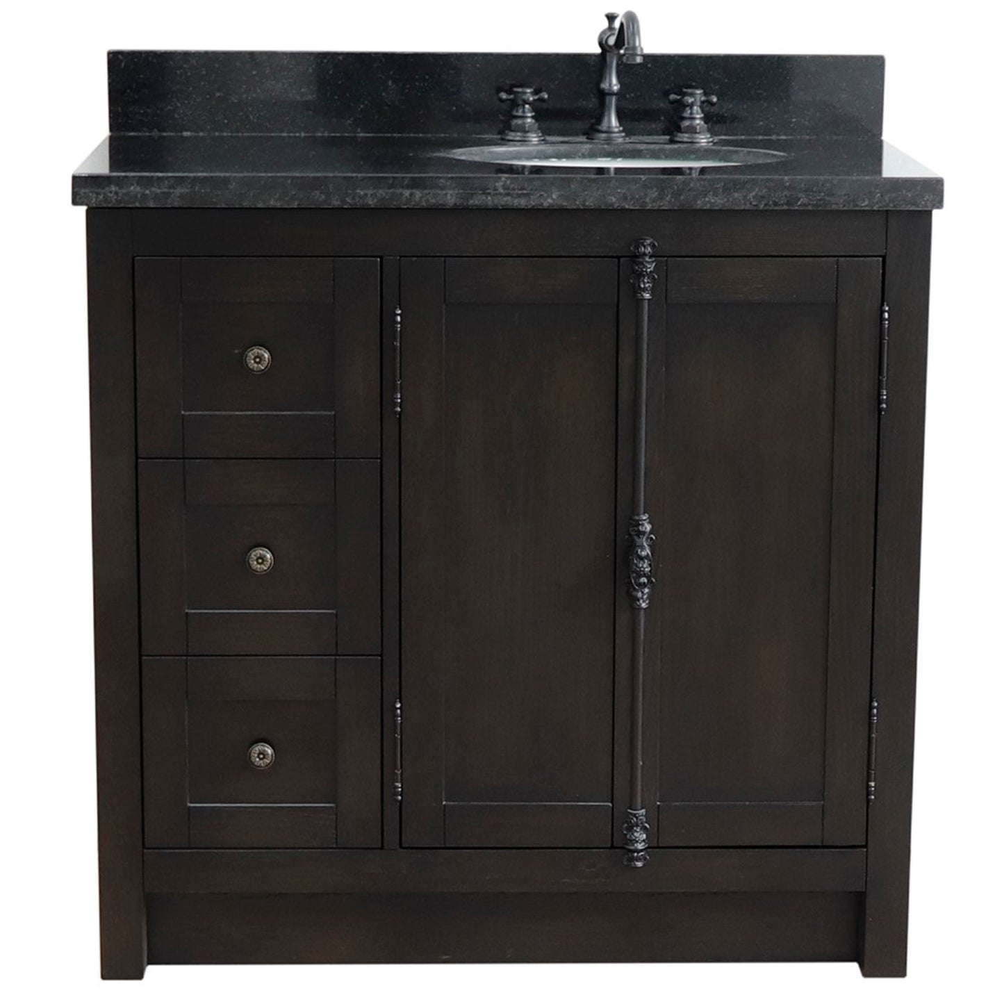 37" Single vanity in Brown Ash finish with Black galaxy top and oval sink Right doors/Right sink