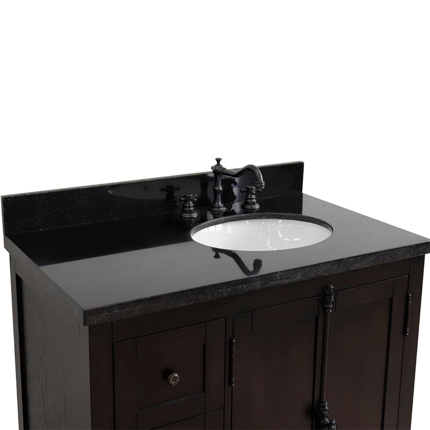 37" Single vanity in Brown Ash finish with Black galaxy top and oval sink Right doors/Right sink