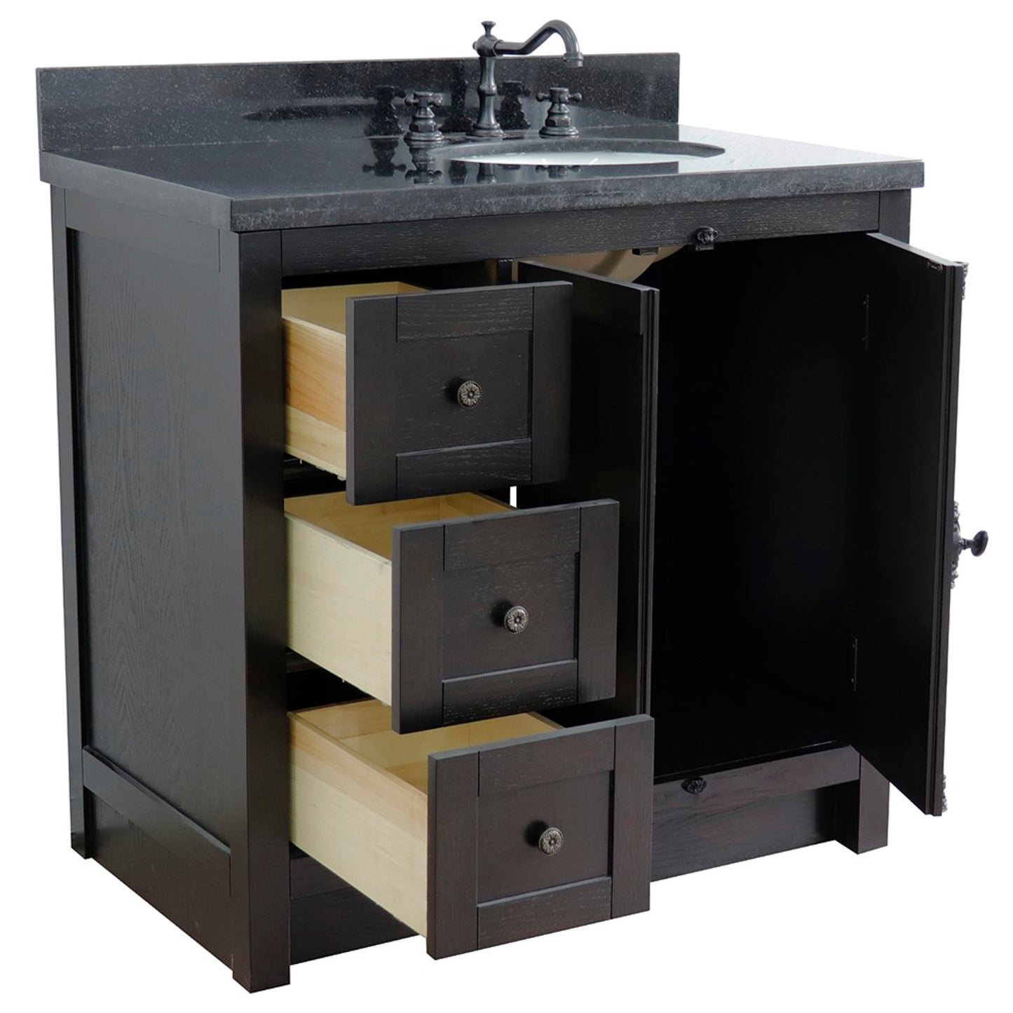 37" Single vanity in Brown Ash finish with Black galaxy top and oval sink Right doors/Right sink