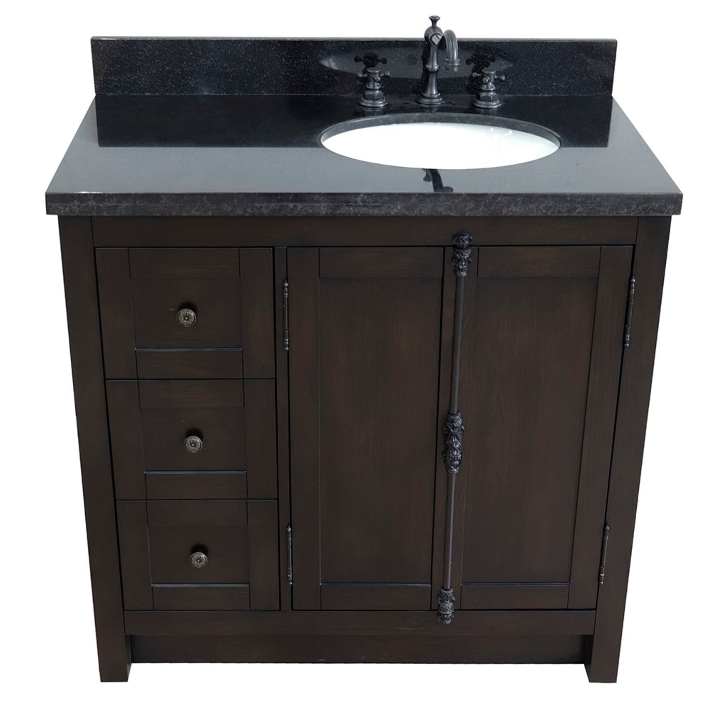 37" Single vanity in Brown Ash finish with Black galaxy top and oval sink Right doors/Right sink