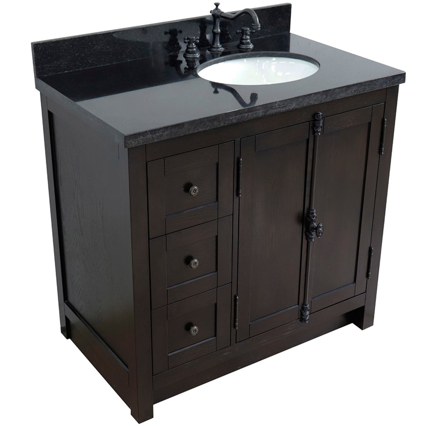 37" Single vanity in Brown Ash finish with Black galaxy top and oval sink Right doors/Right sink