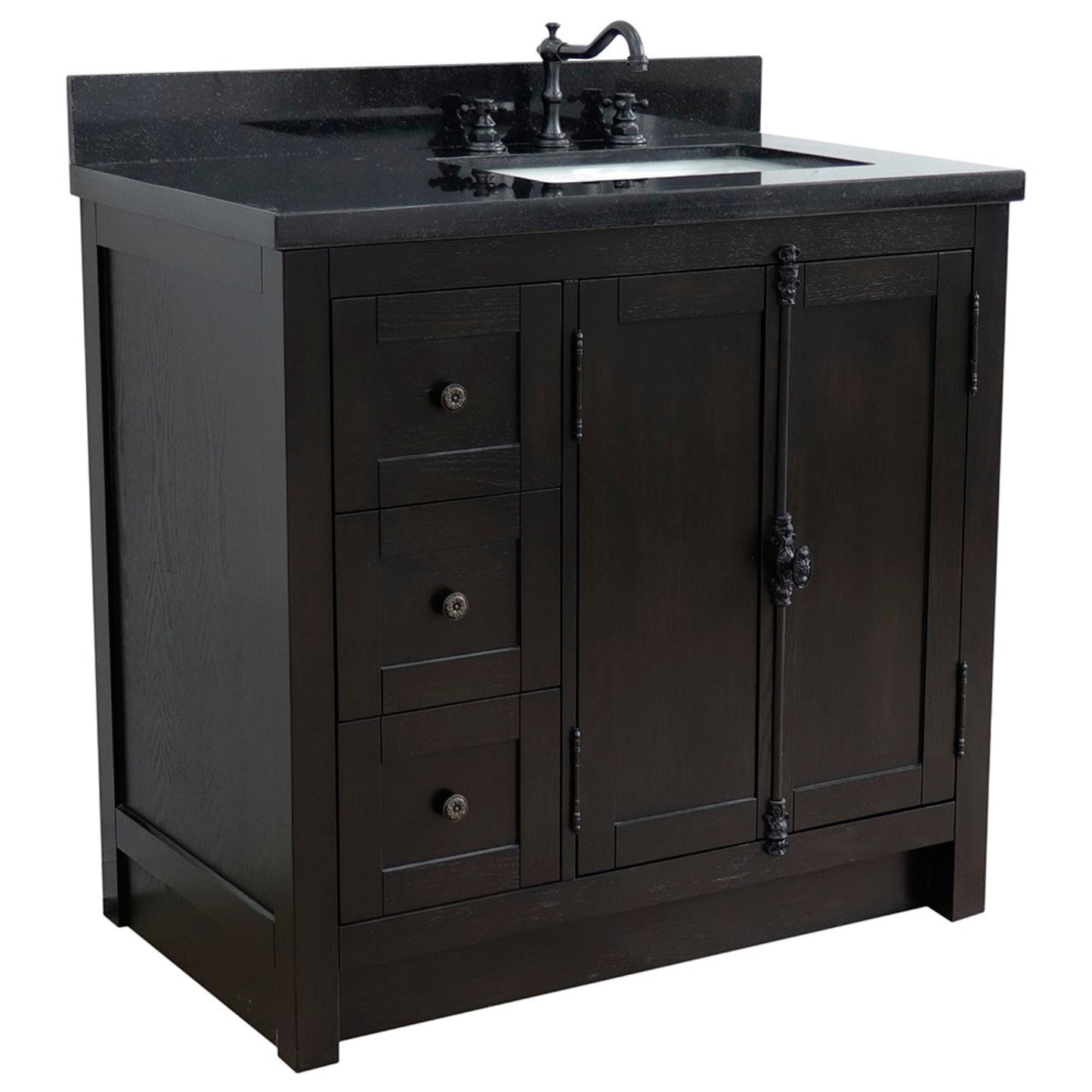37" Single vanity in Brown Ash finish with Black galaxy top and rectangle sink Right doors/Right sink