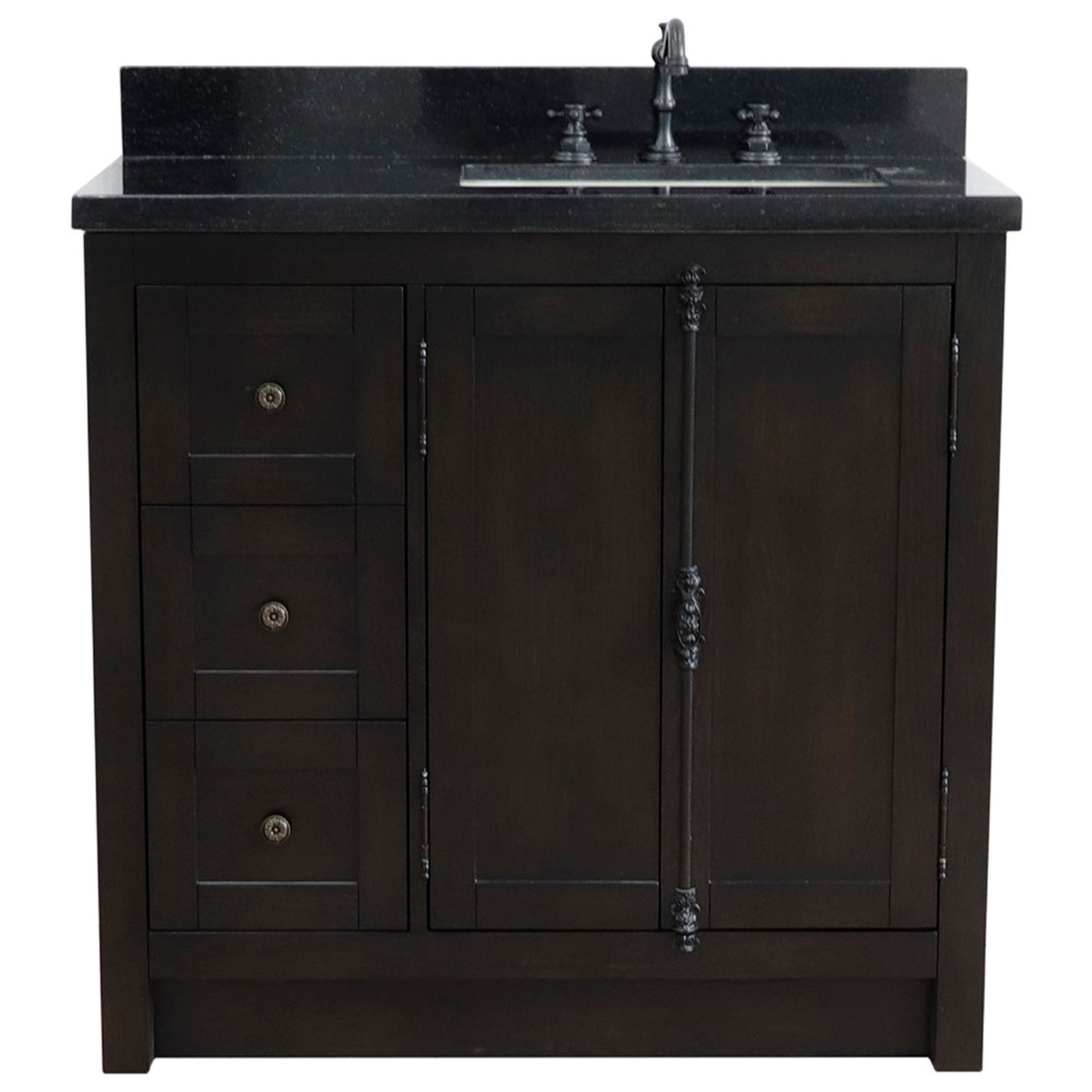 37" Single vanity in Brown Ash finish with Black galaxy top and rectangle sink Right doors/Right sink