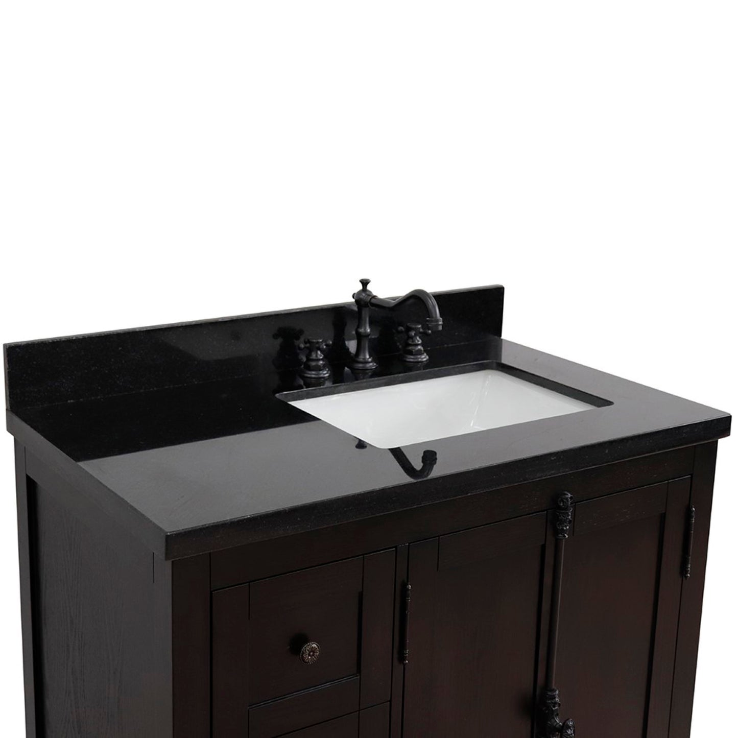 37" Single vanity in Brown Ash finish with Black galaxy top and rectangle sink Right doors/Right sink