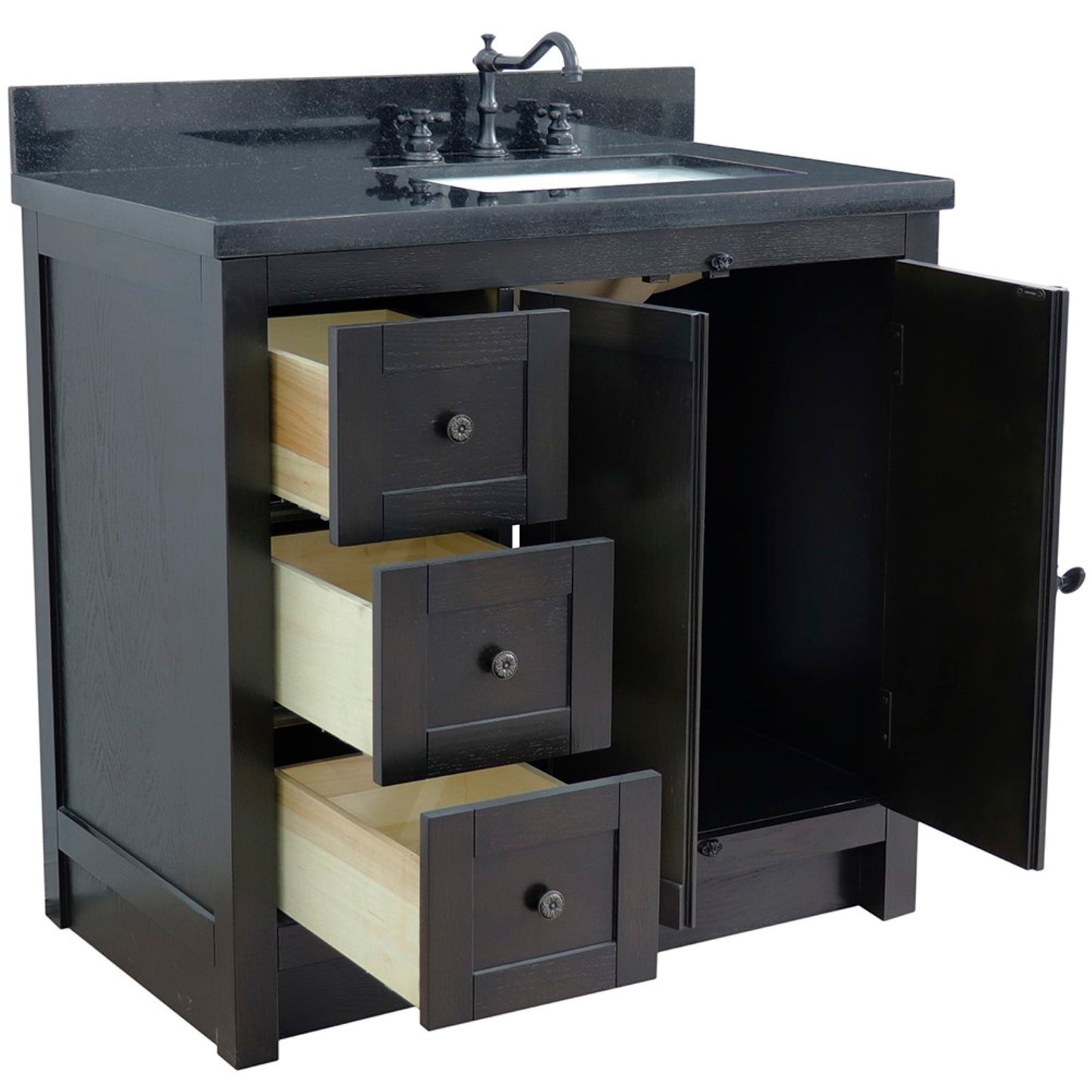 37" Single vanity in Brown Ash finish with Black galaxy top and rectangle sink Right doors/Right sink