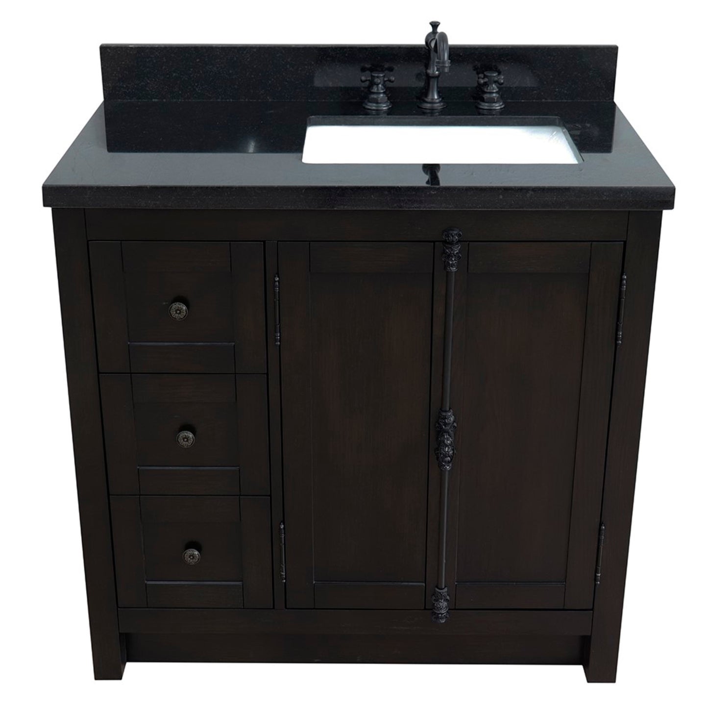 37" Single vanity in Brown Ash finish with Black galaxy top and rectangle sink Right doors/Right sink