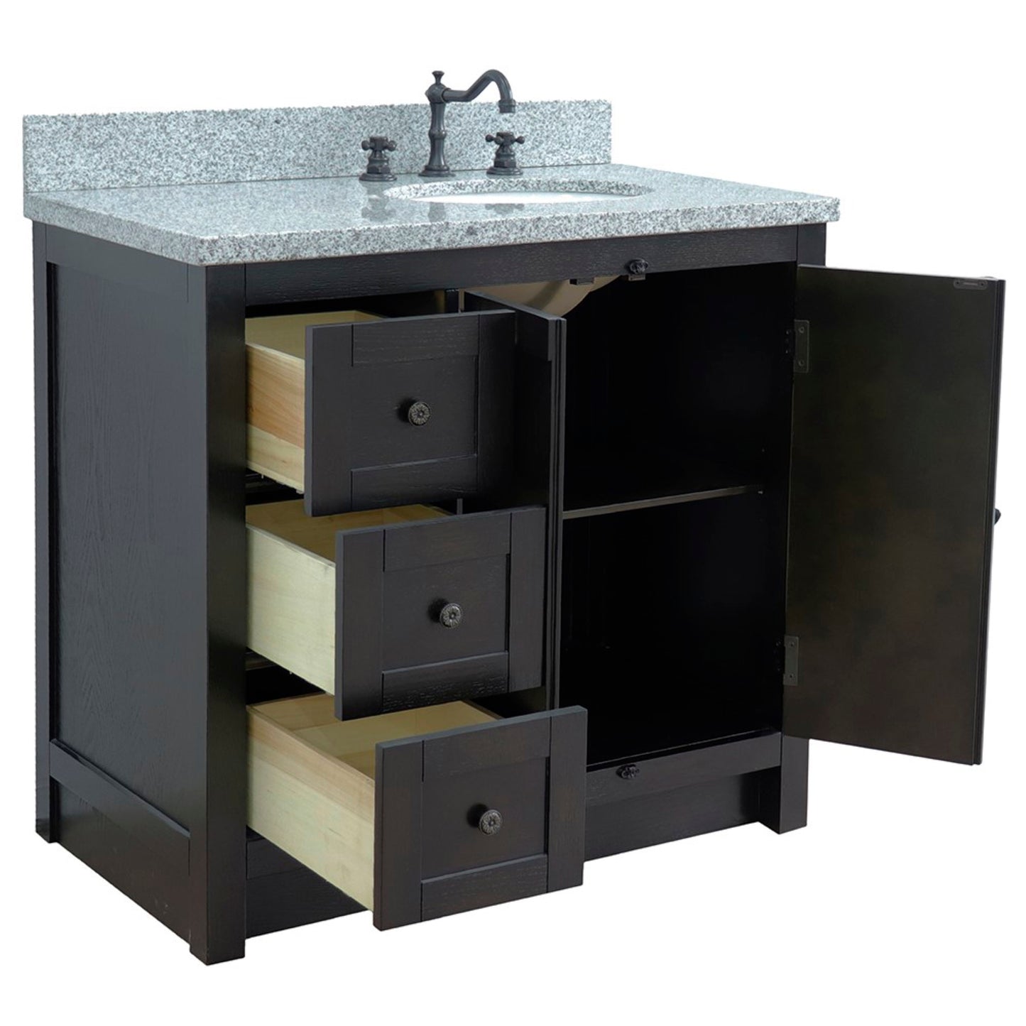 37" Single vanity in Brown Ash finish with Gray granite top and oval sink Right doors/Right sink