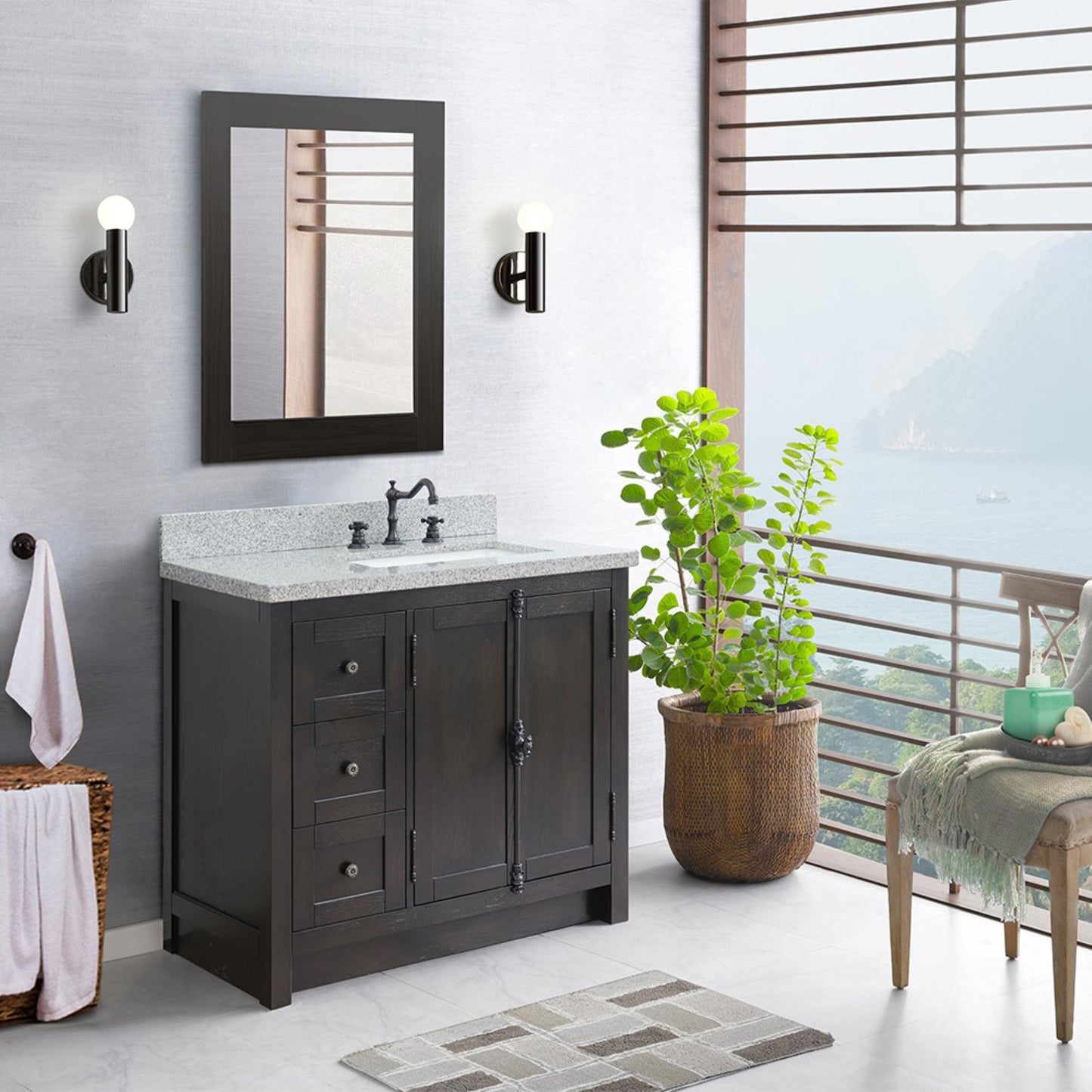37" Single vanity in Brown Ash finish with Gray granite top and rectangle sink Right doors/Right sink