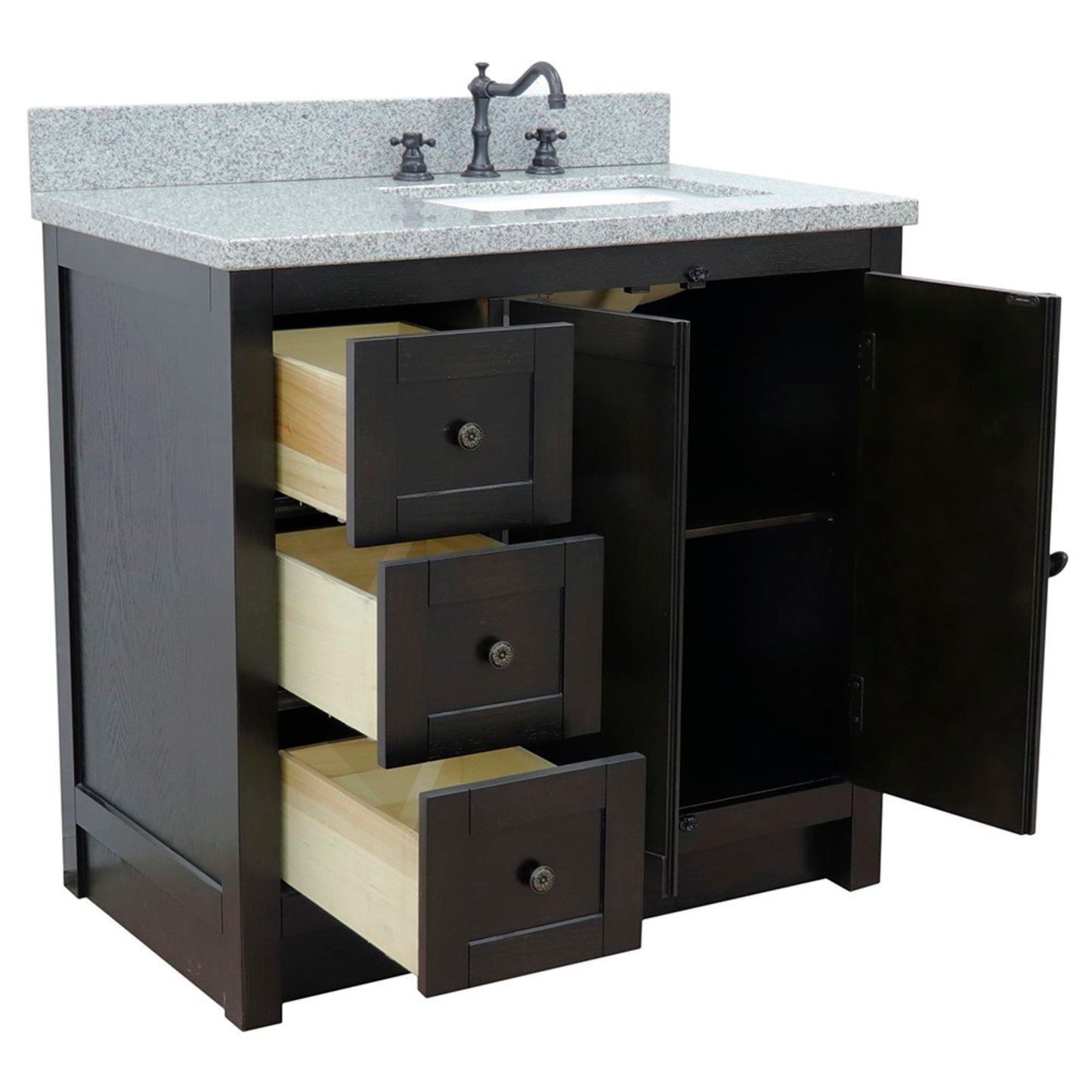 37" Single vanity in Brown Ash finish with Gray granite top and rectangle sink Right doors/Right sink
