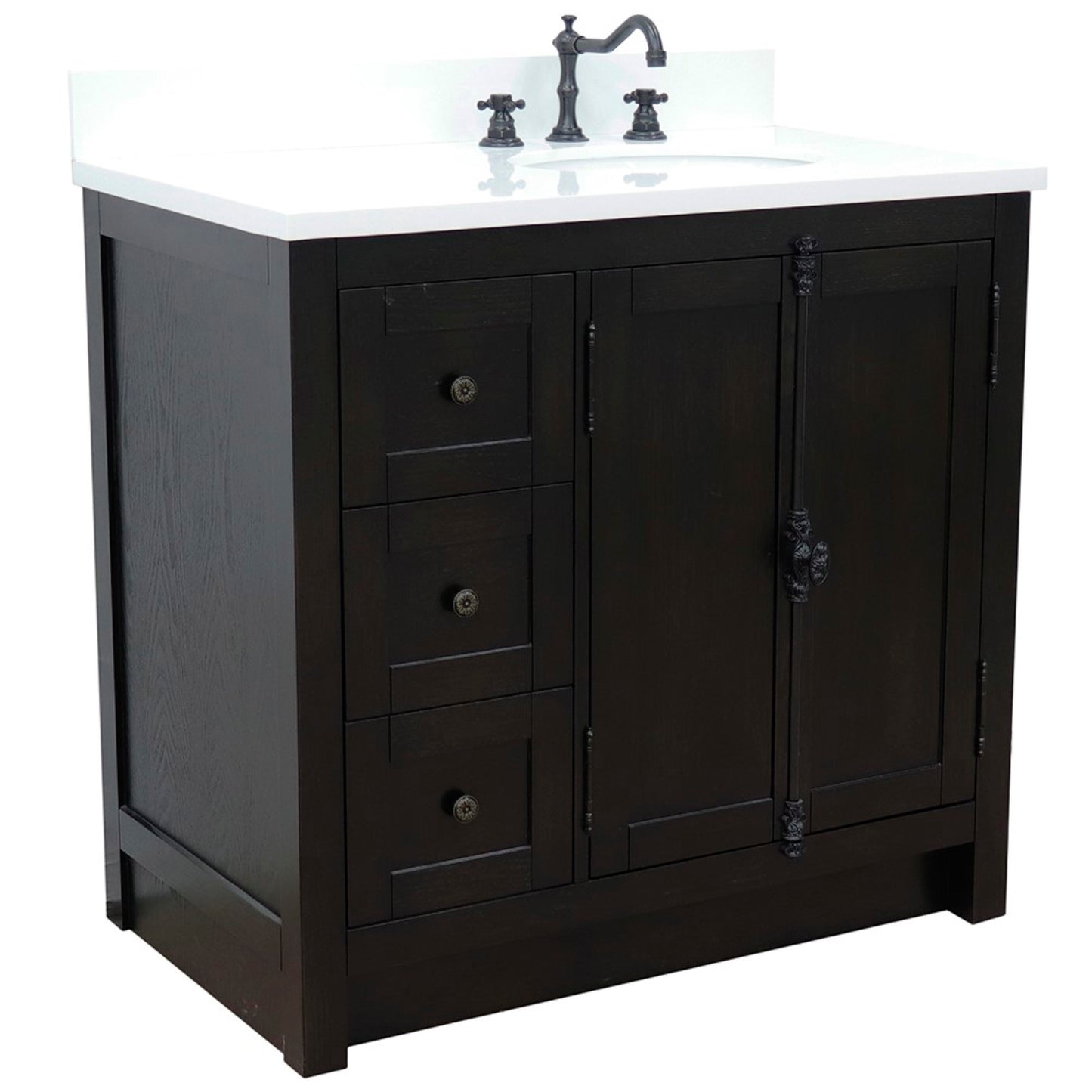 37" Single vanity in Brown Ash finish with White engineered stone top and oval sink Right doors/Right sink