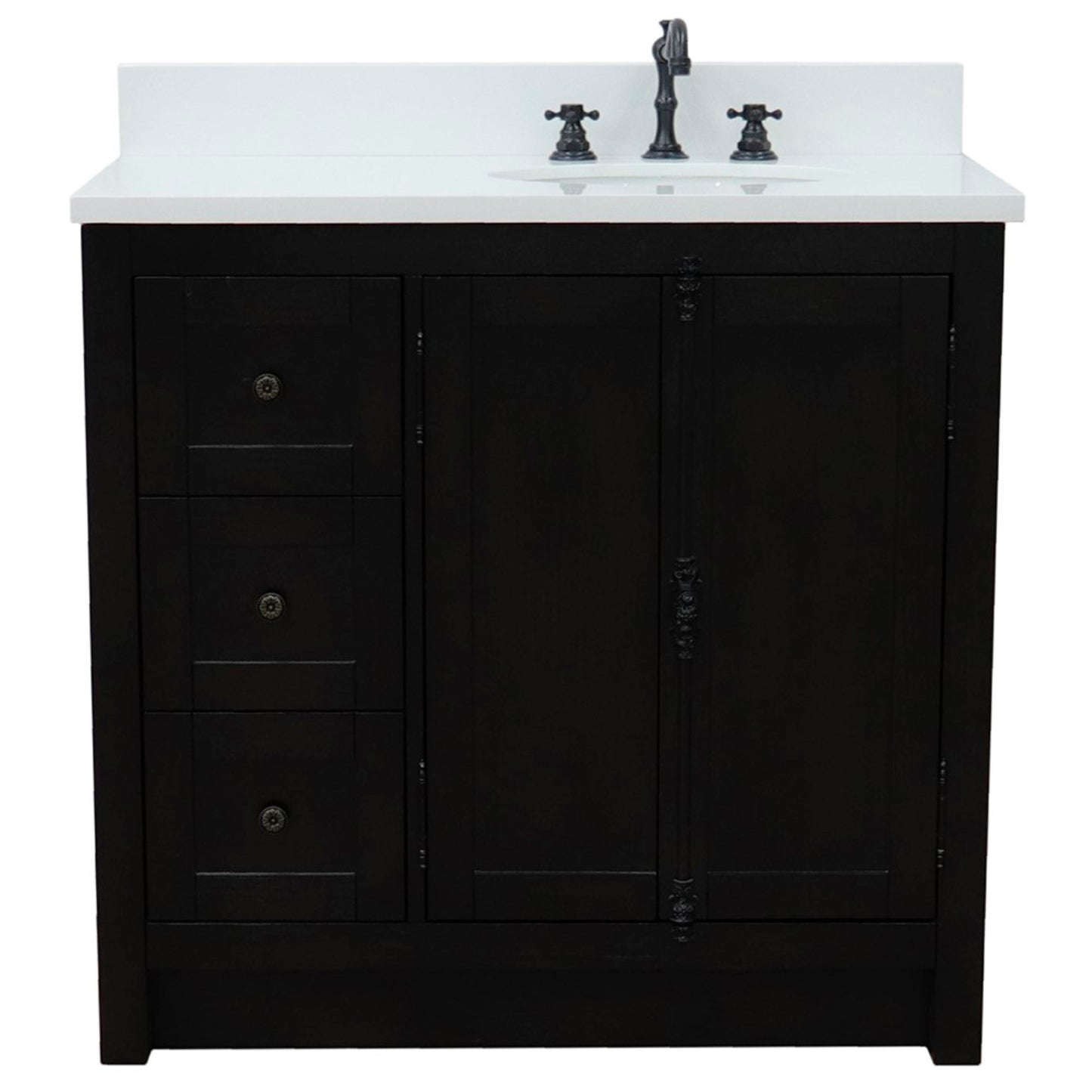 37" Single vanity in Brown Ash finish with White engineered stone top and oval sink Right doors/Right sink