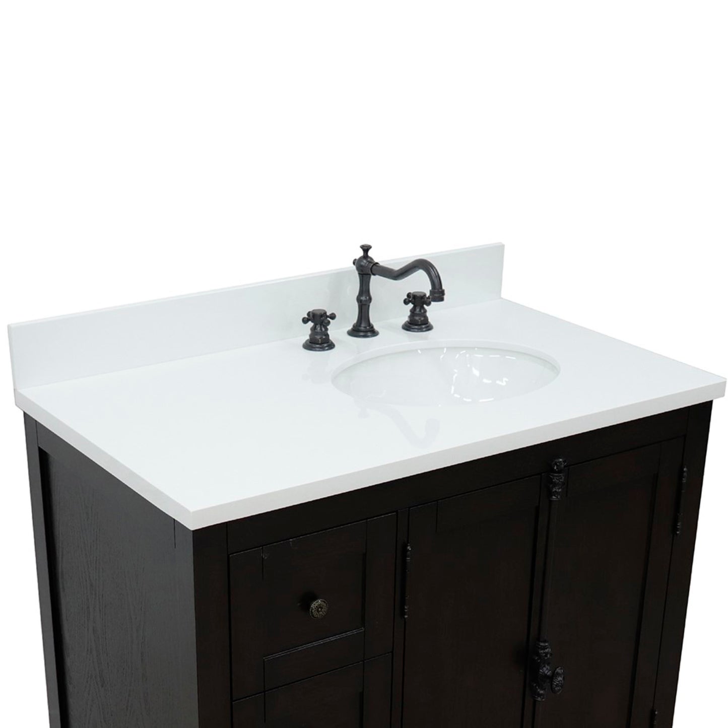 37" Single vanity in Brown Ash finish with White engineered stone top and oval sink Right doors/Right sink