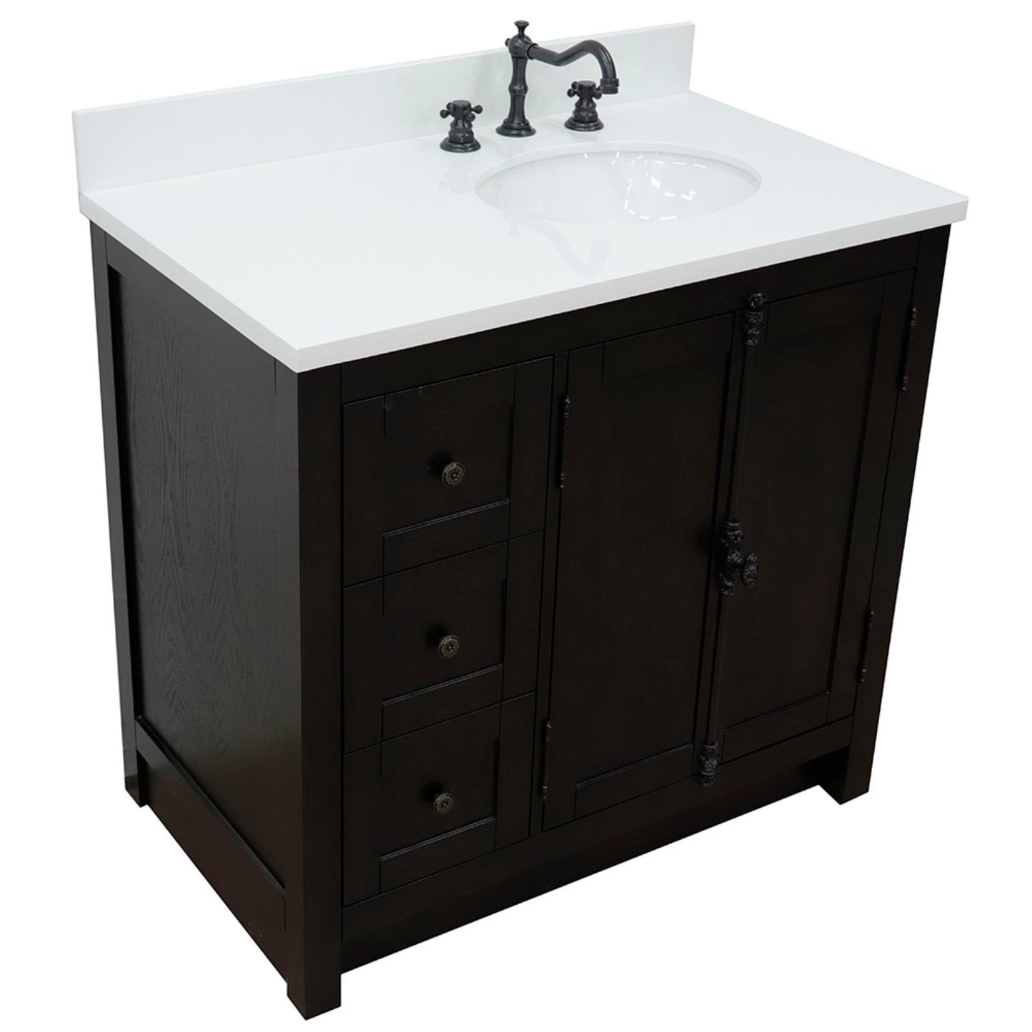 37" Single vanity in Brown Ash finish with White engineered stone top and oval sink Right doors/Right sink