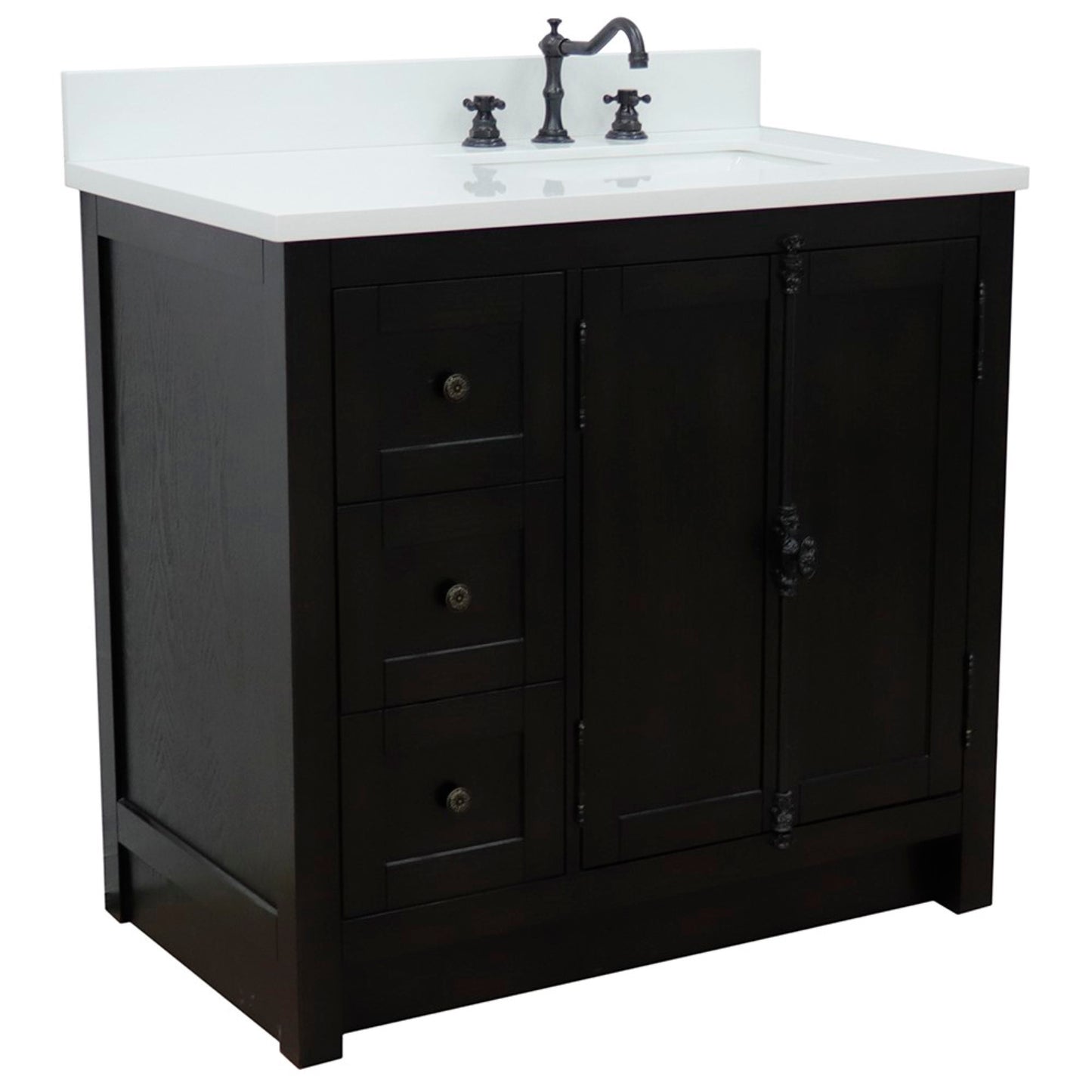 37" Single vanity in Brown Ash finish with White engineered stone top and rectangle sink Right doors/Right sink