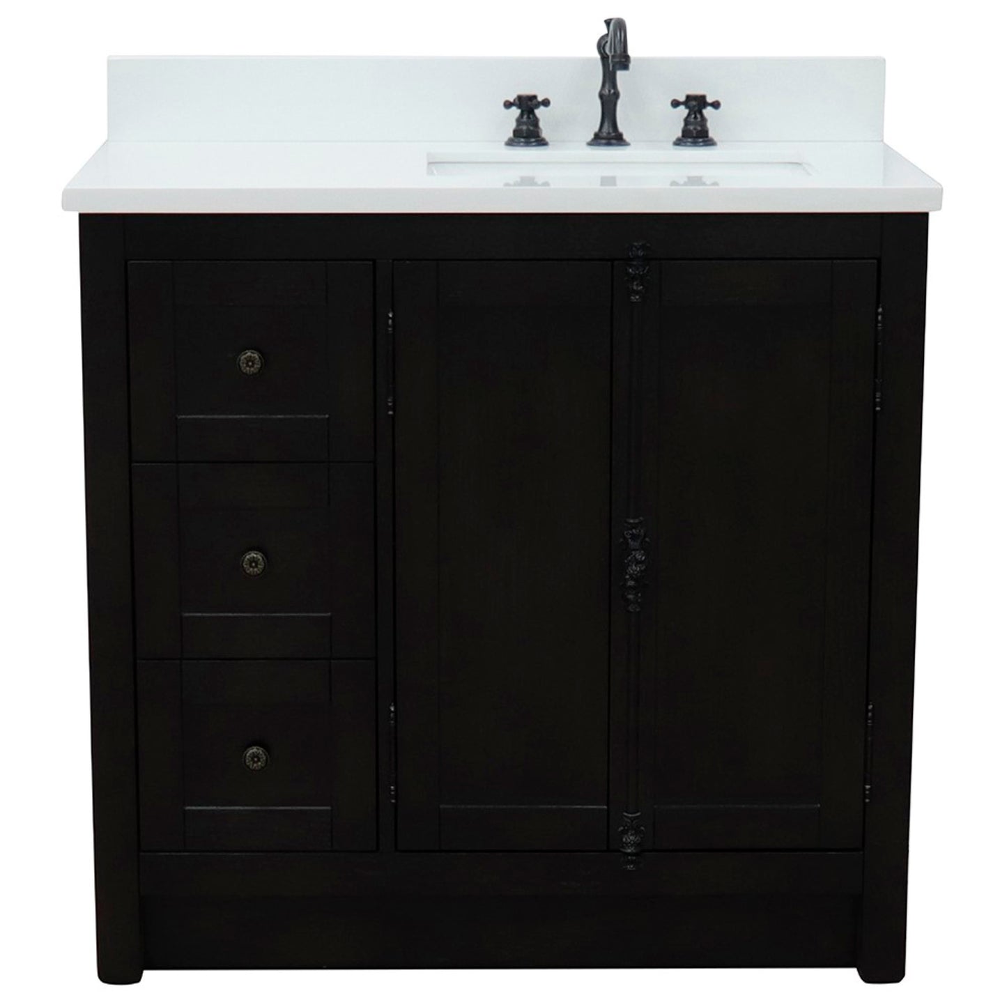 37" Single vanity in Brown Ash finish with White engineered stone top and rectangle sink Right doors/Right sink