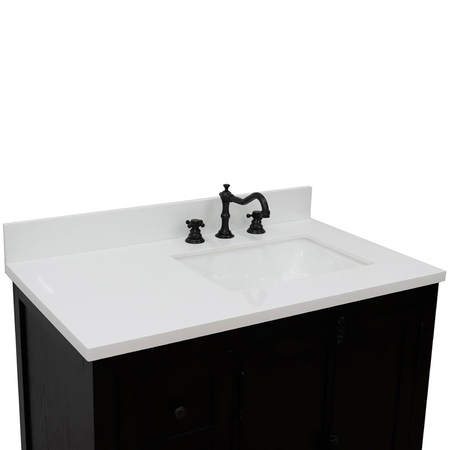 37" Single vanity in Brown Ash finish with White engineered stone top and rectangle sink Right doors/Right sink