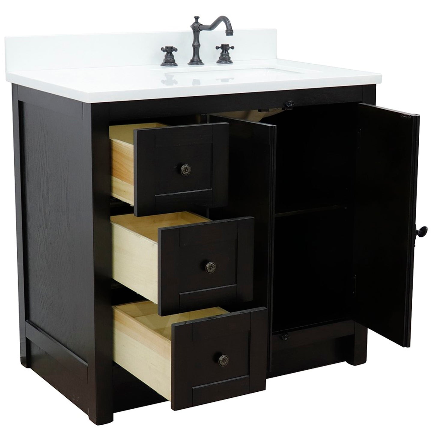 37" Single vanity in Brown Ash finish with White engineered stone top and rectangle sink Right doors/Right sink