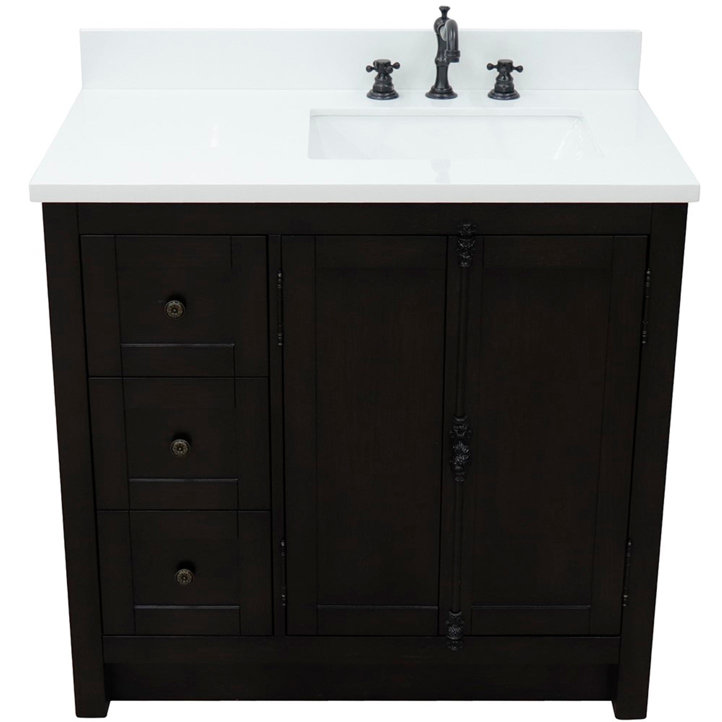 37" Single vanity in Brown Ash finish with White engineered stone top and rectangle sink Right doors/Right sink