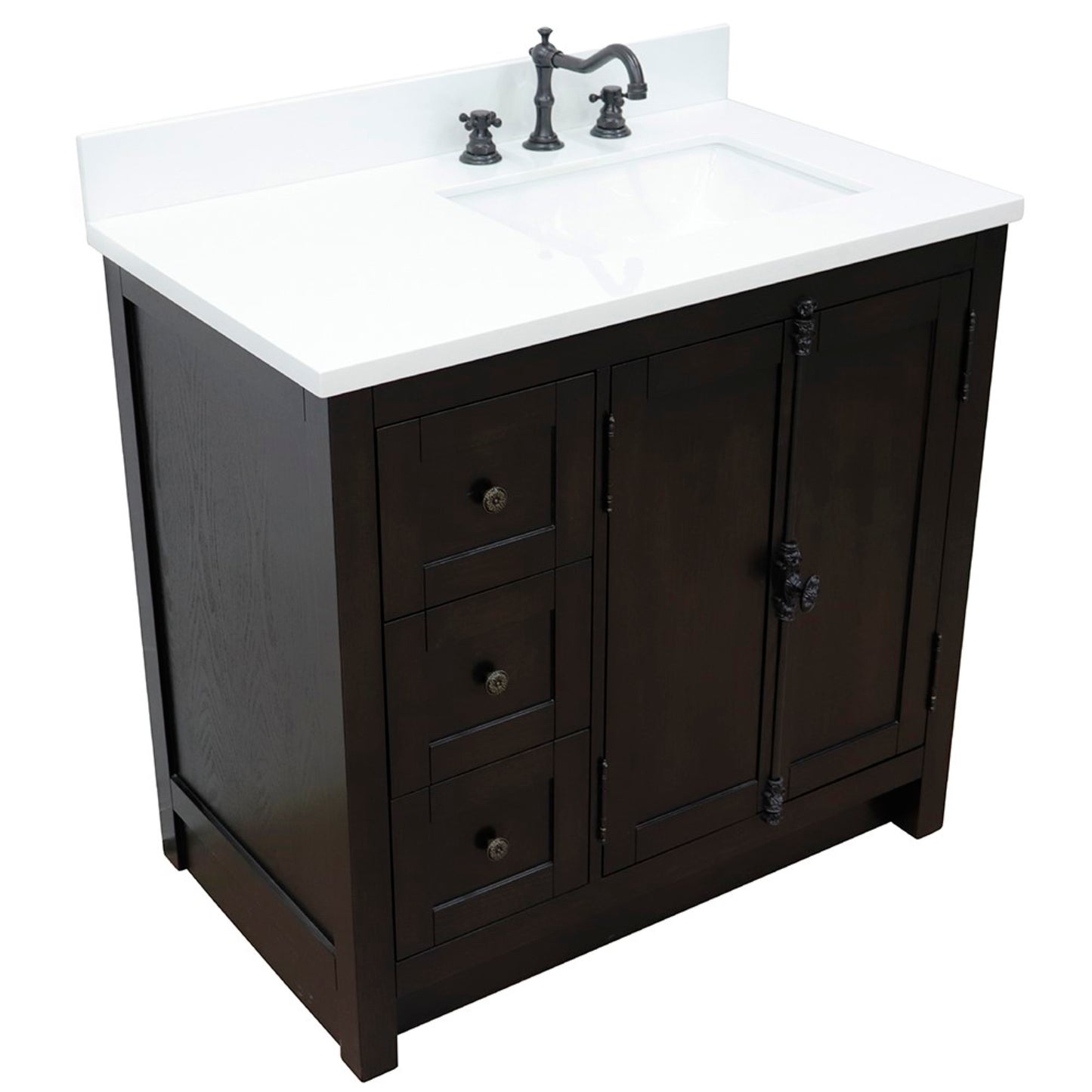 37" Single vanity in Brown Ash finish with White engineered stone top and rectangle sink Right doors/Right sink