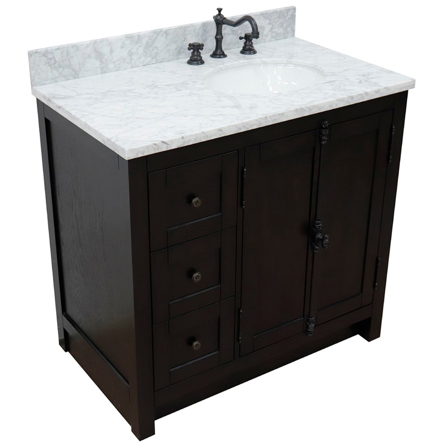 37" Single vanity in Brown Ash finish with White Carrara top and oval sink Right doors/Right sink
