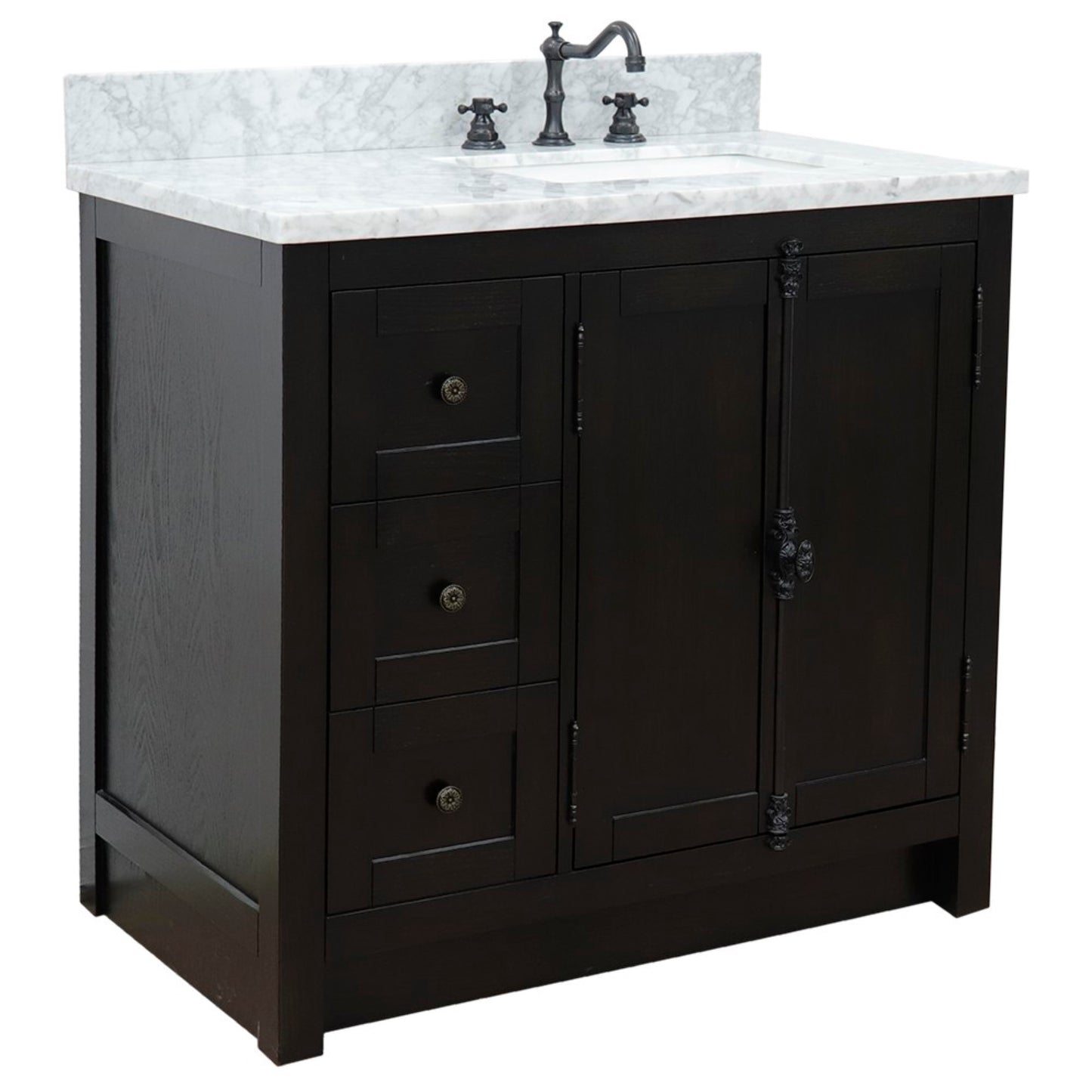 37" Single vanity in Brown Ash finish with White Carrara top and rectangle sink Right doors/Right sink