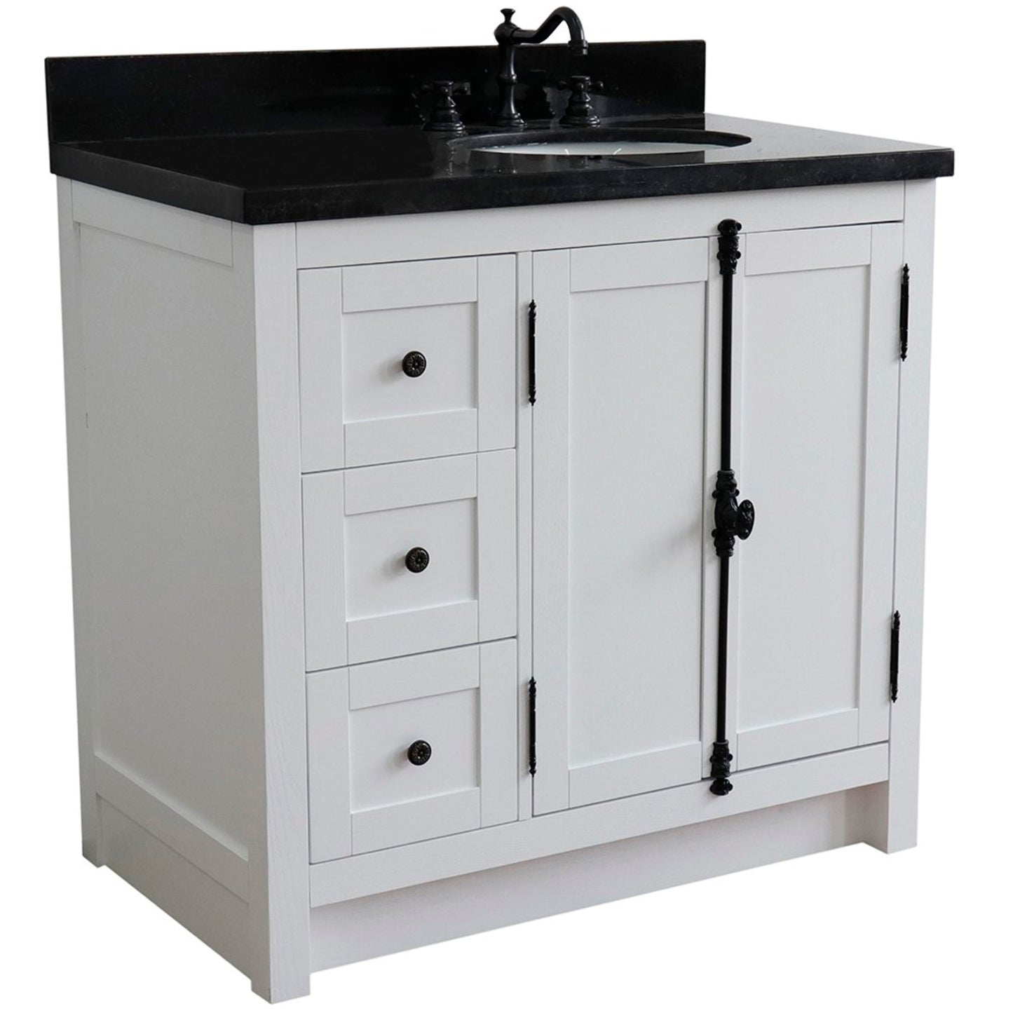 37" Single vanity in Glacier Ash finish with Black galaxy top and oval sink Right doors/Right sink
