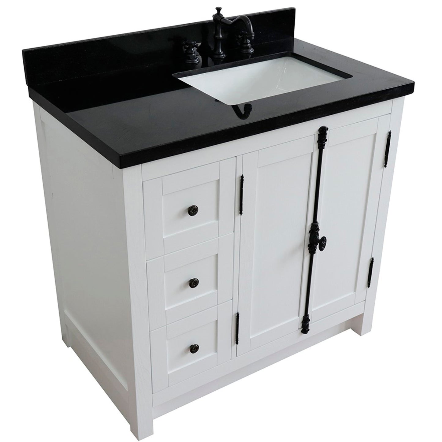37" Single vanity in Glacier Ash finish with Black galaxy top and rectangle sink Right doors/Right sink